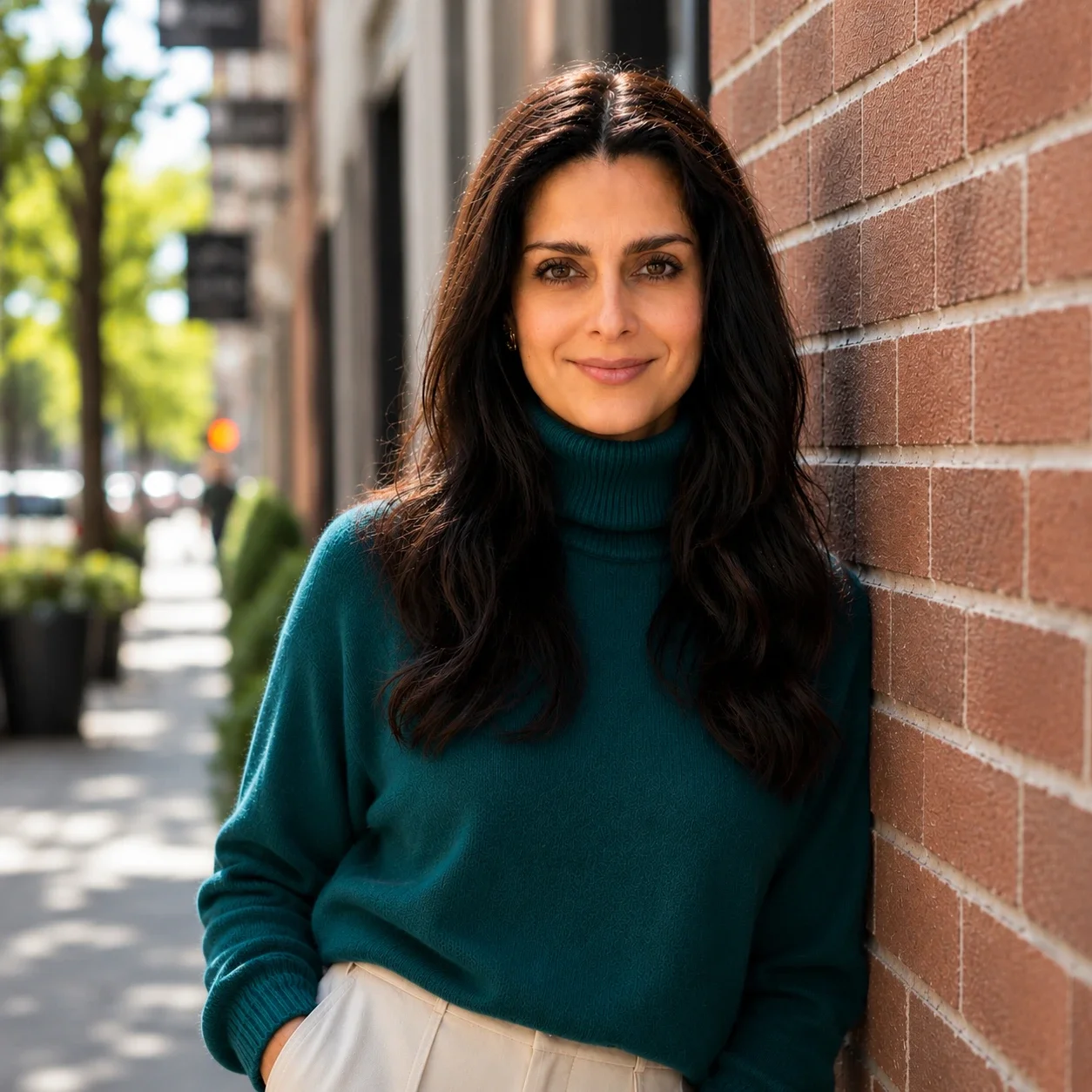 Woman with long dark wavy hair, leaning against a brick wall on a sunlit San Francisco street wearing a teal turtleneck sweater and cream high-waisted pants. Soft natural smile, professional outdoor headshot with shallow depth of field