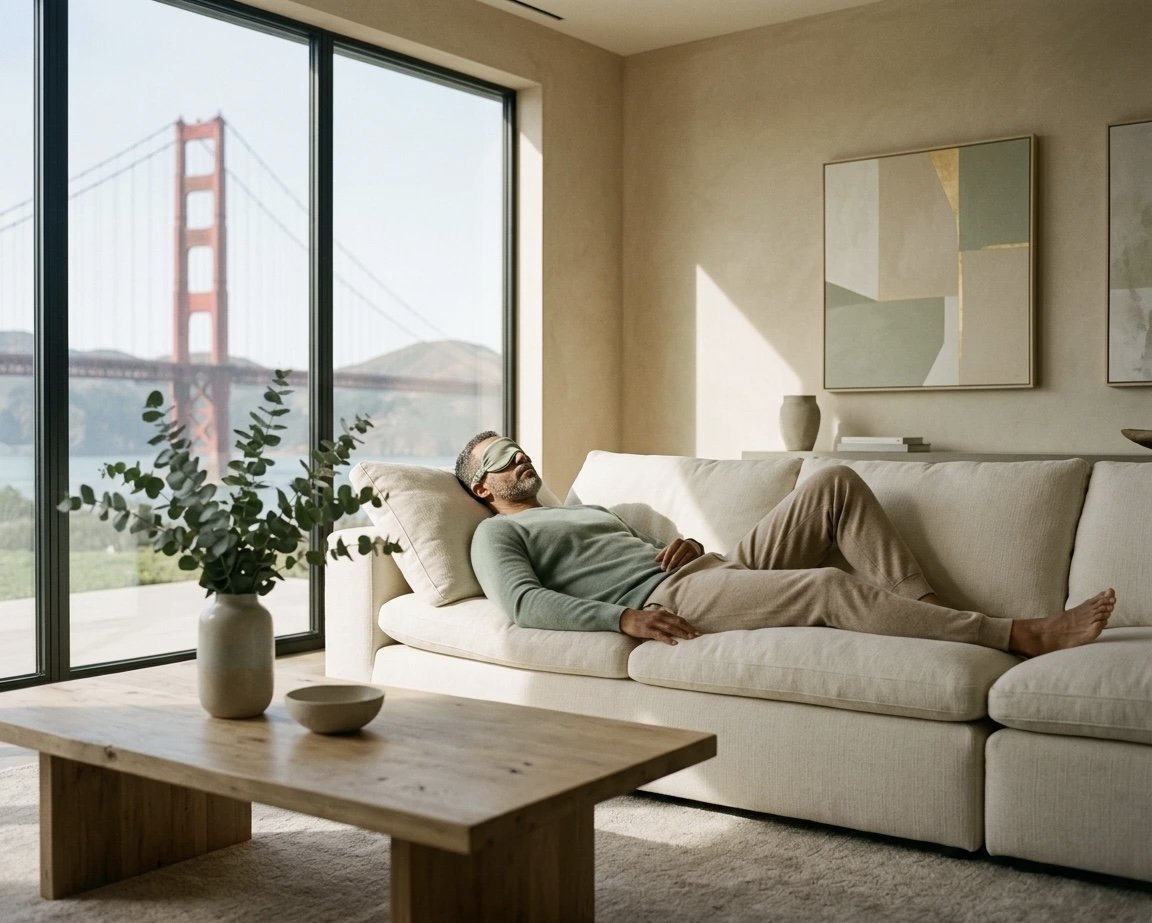 A calm man lies on a couch with a sleep mask, enjoying a serene living space with a large window. In the background, there is a clear view of the Golden Gate Bridge in San Francisco.