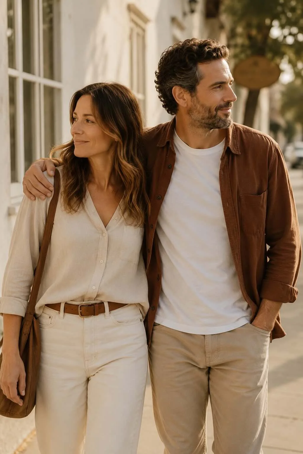 A couple walking side by side, facing the same direction, after working through financial conflict