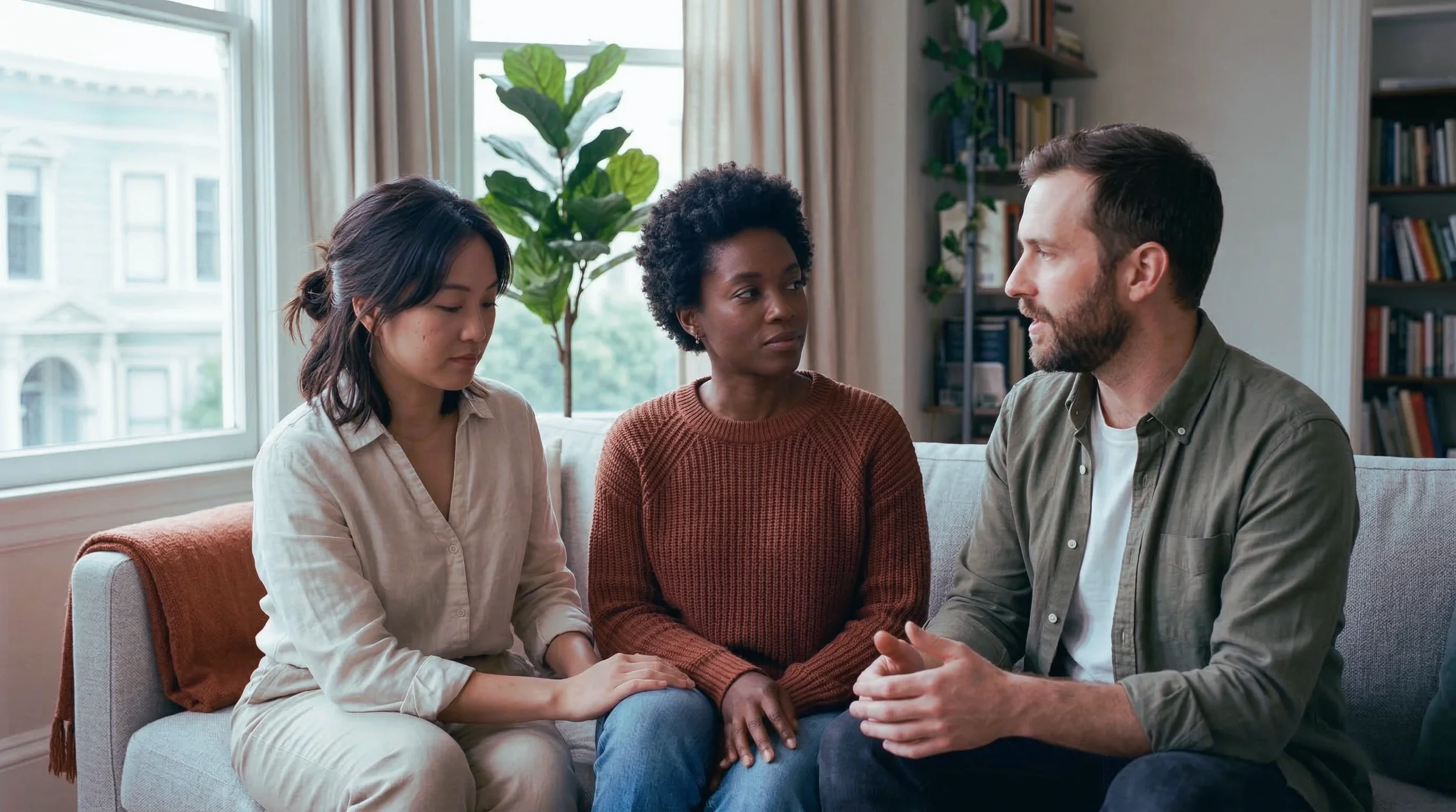 A diverse polyamorous triad in a modern San Francisco apartment having a calm, intentional discussion about relationship communication systems.