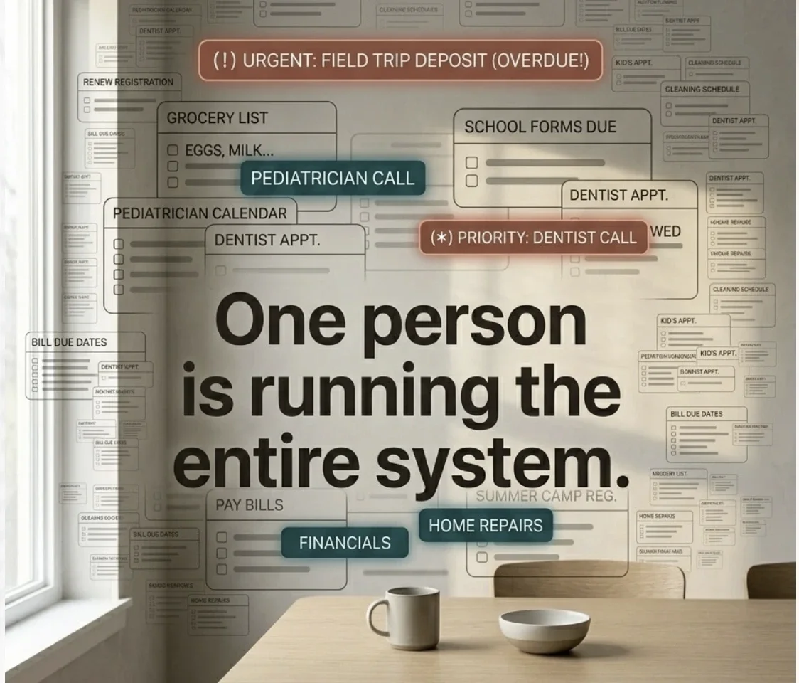 A dining table with a coffee mug sits in front of a wall filled with overlapping task boxes and reminders including "URGENT: FIELD TRIP DEPOSIT OVERDUE!" "PEDIATRICIAN CALL" "GROCERY LIST EGGS MILK" and "SCHOOL FORMS DUE"