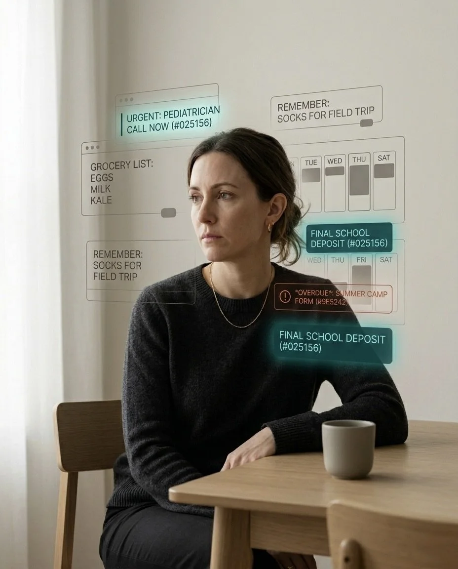 A woman sits at a table looking off to the side while translucent reminders float around her including "URGENT PEDIATRICIAN CALL NOW" showing the constant stream of responsibilities she is mentally tracking.