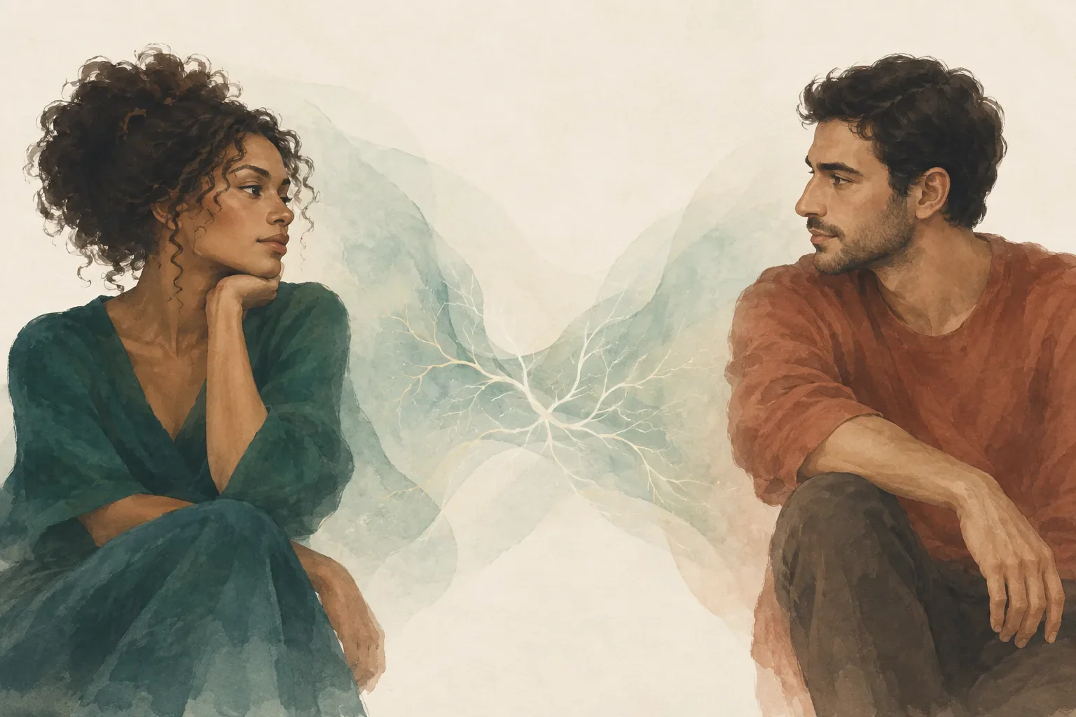 Painted illustration of two partners facing each other, with a translucent branching form in the space between them.