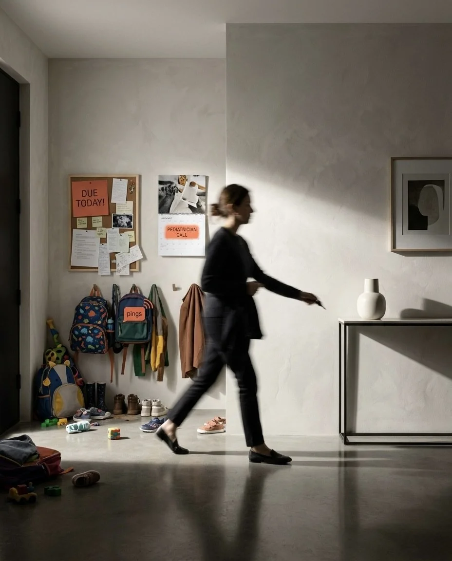 A woman in dark clothing walks quickly through a home entryway while children’s backpacks, shoes, and toys are scattered on the floor.