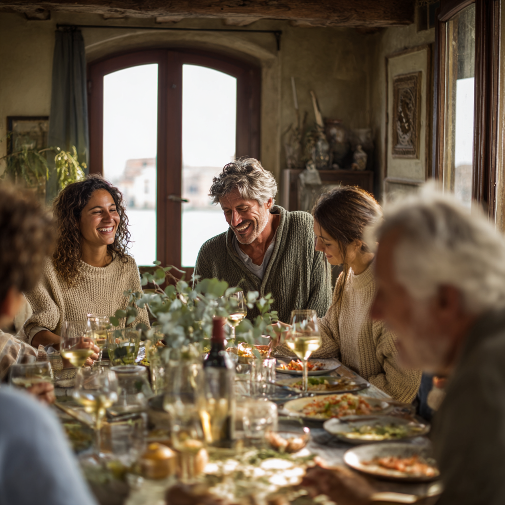 6 Italians and Italian-Americans joyful around a table with italian food and wine.