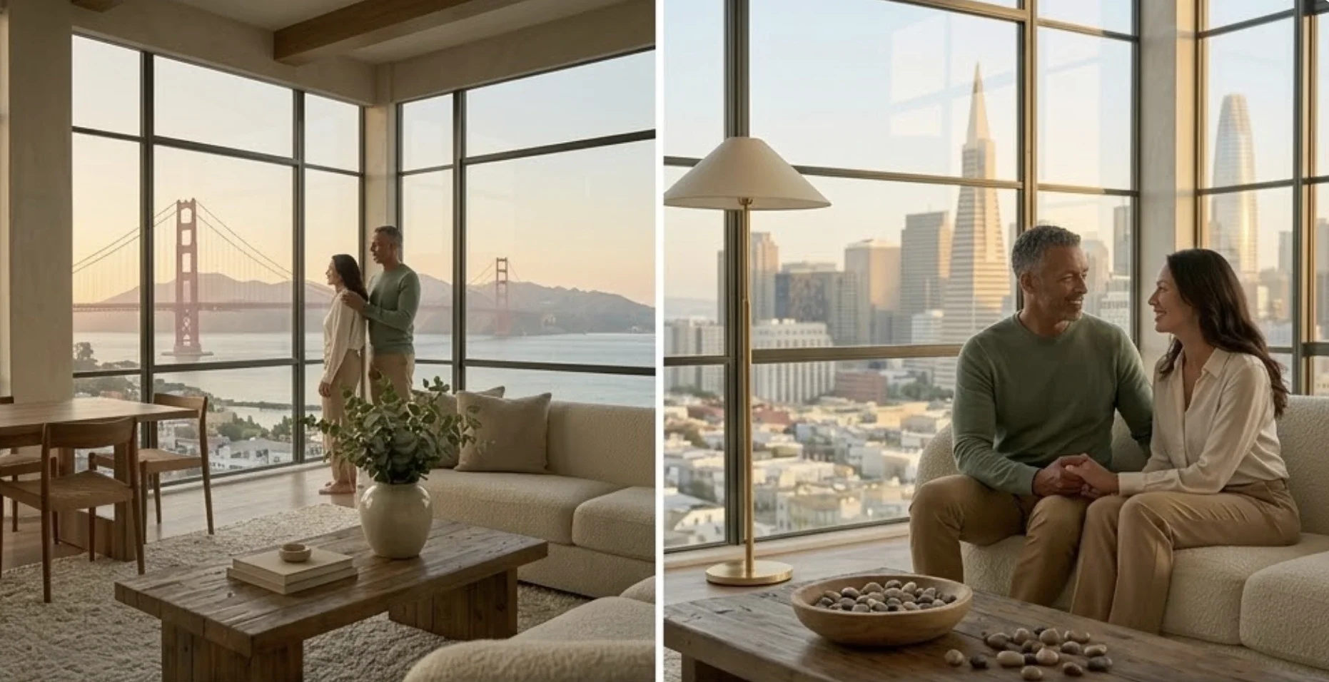 A couple stands by a large floor-to-ceiling window overlooking the San Francisco skyline during a golden sunset.