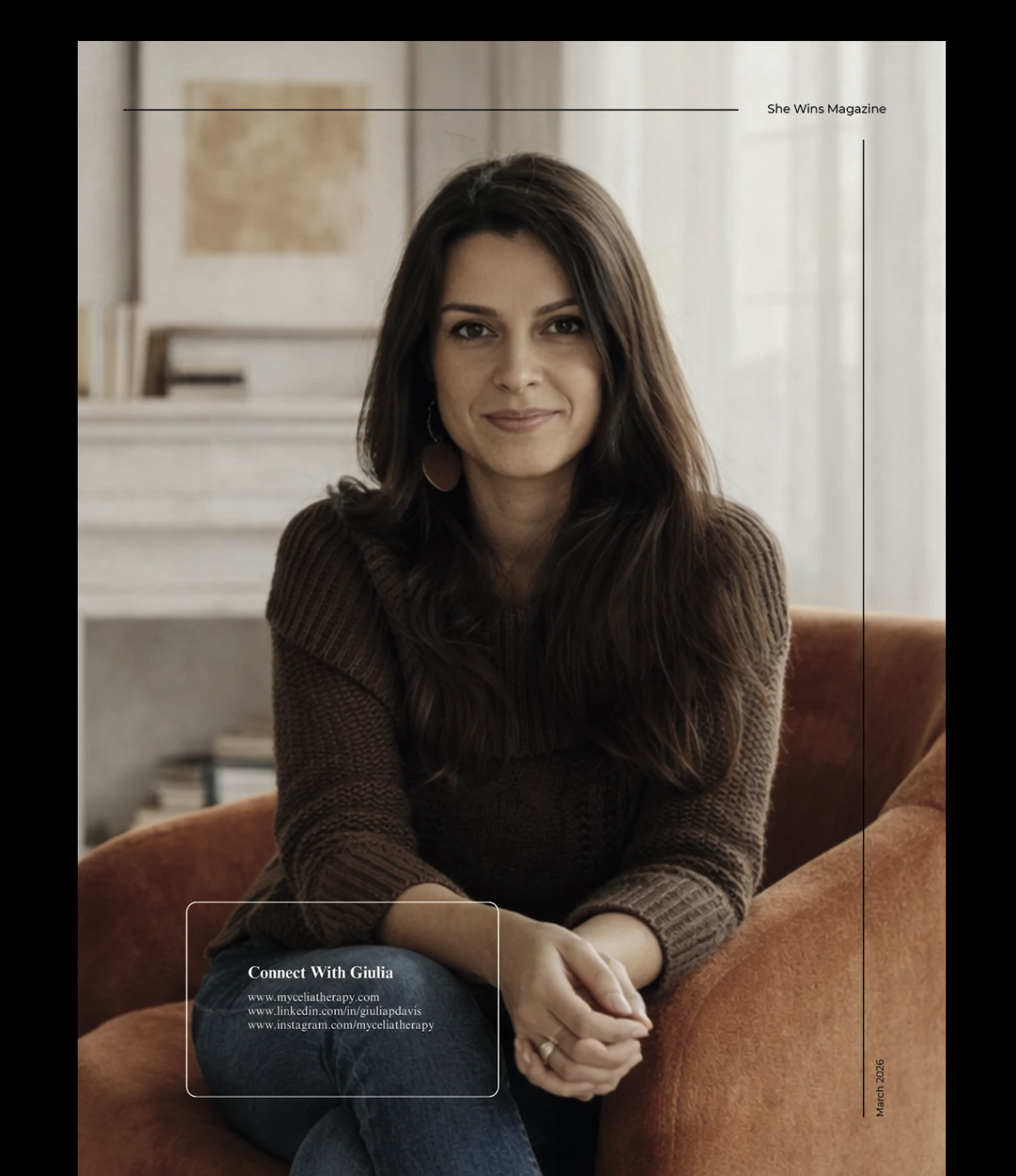 A woman with brown hair sitting on an orange sofa in a cozy room, smiling at the camera, in a magazine cover layout for She Wins Magazine with contact information and social media links.