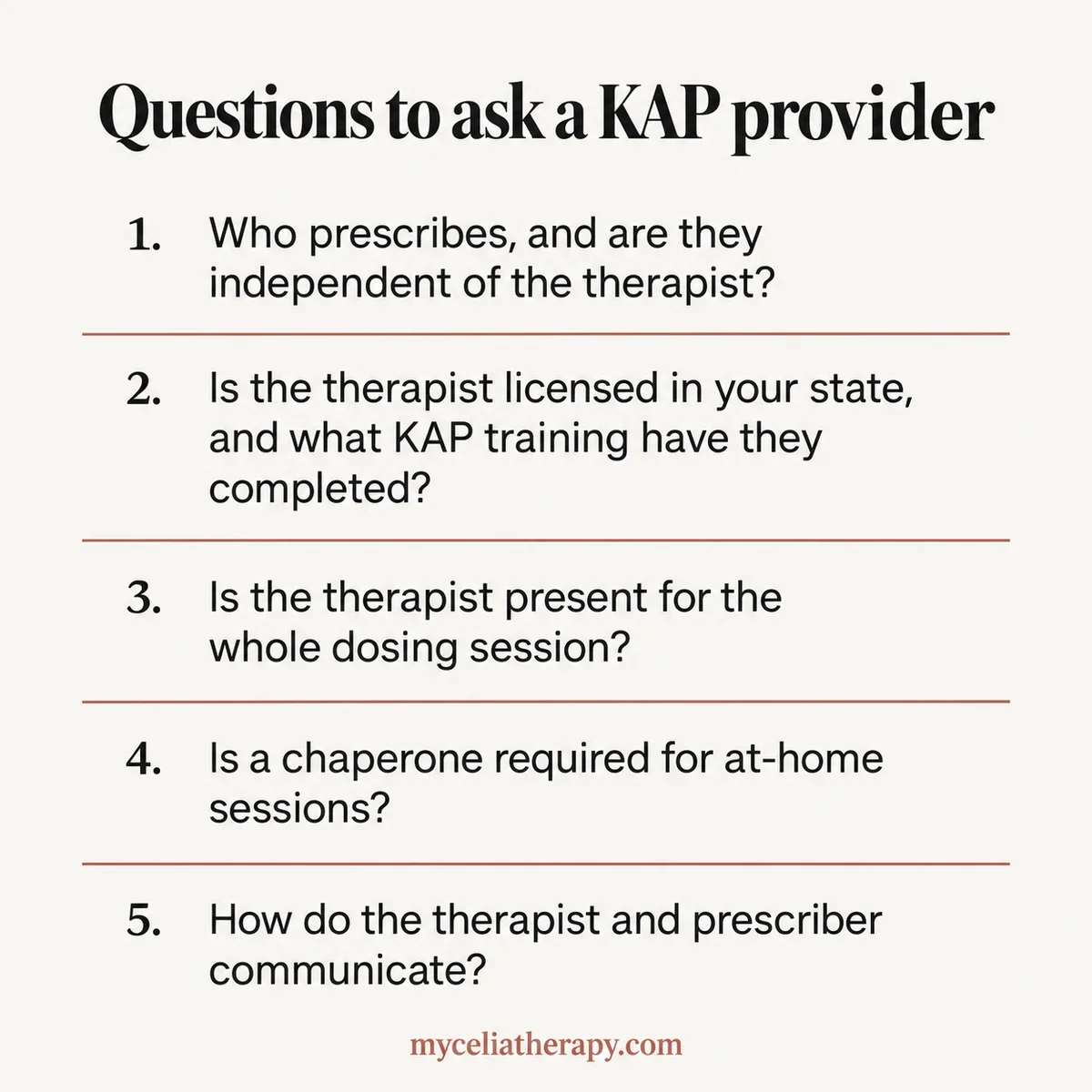 Checklist of five questions to ask when evaluating a ketamine-assisted psychotherapy provider.