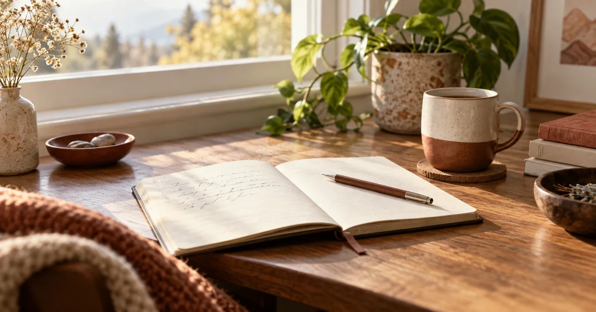 An open notebook with a few handwritten lines on a wooden desk in morning light.