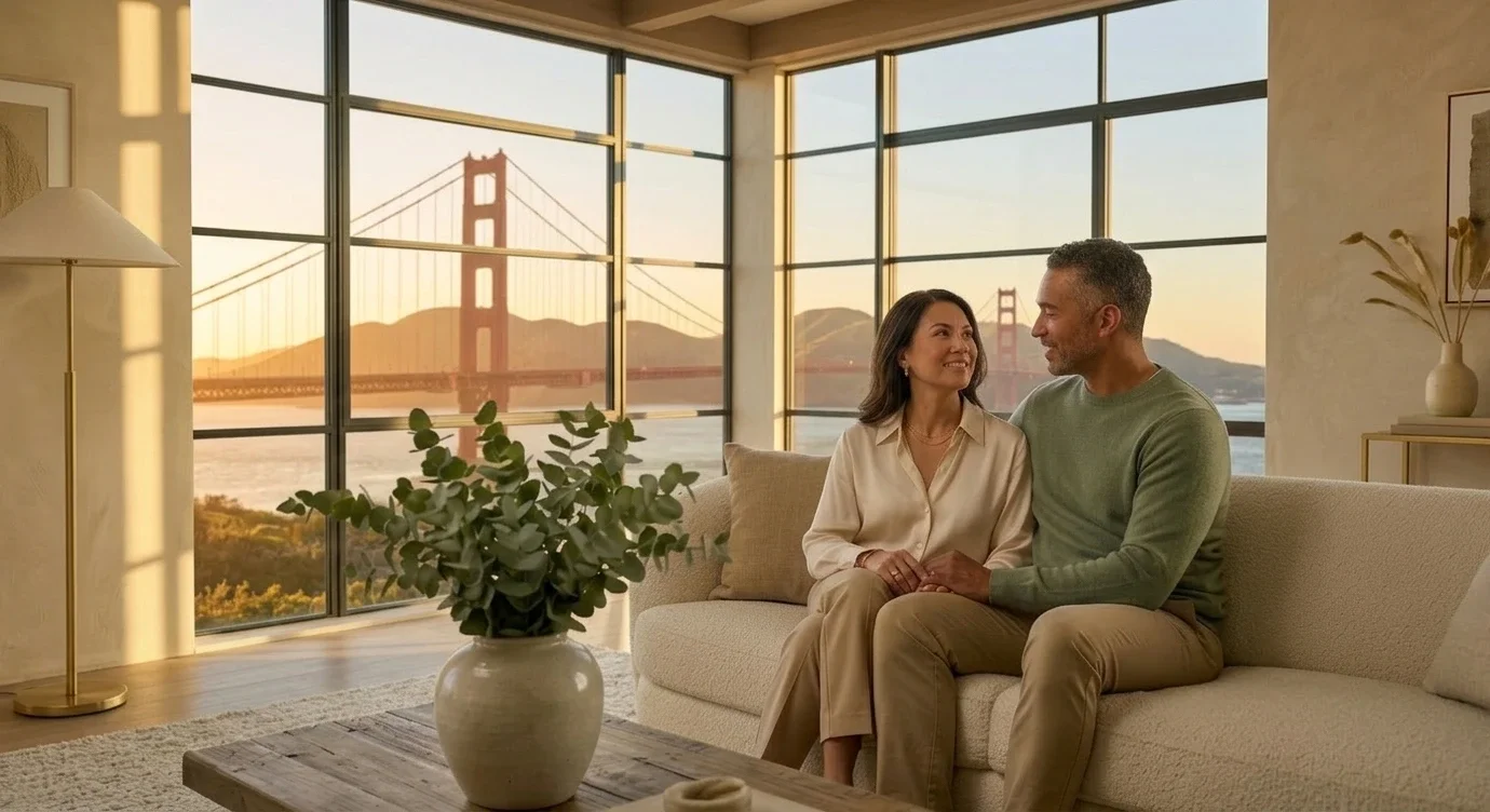 A professional couple smiling on a beige sofa, looking out large windows at the Golden Gate Bridge during a golden sunset.