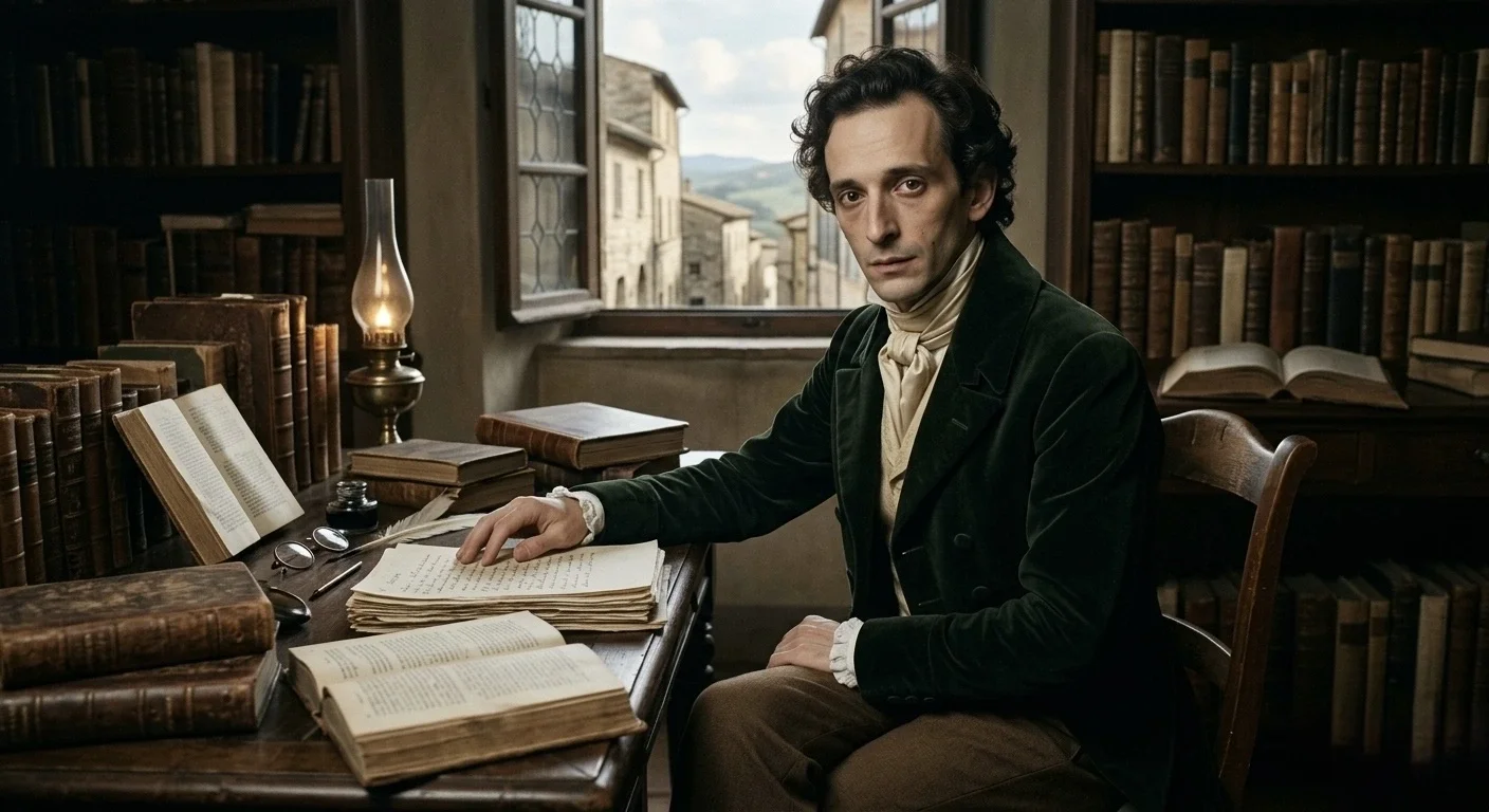 A realistic historical portrait of Italian poet Giacomo Leopardi seated at a wooden desk in a classic 19th-century library, looking thoughtfully at the viewer, symbolizing deep introspection and the philosophy of human longing.
