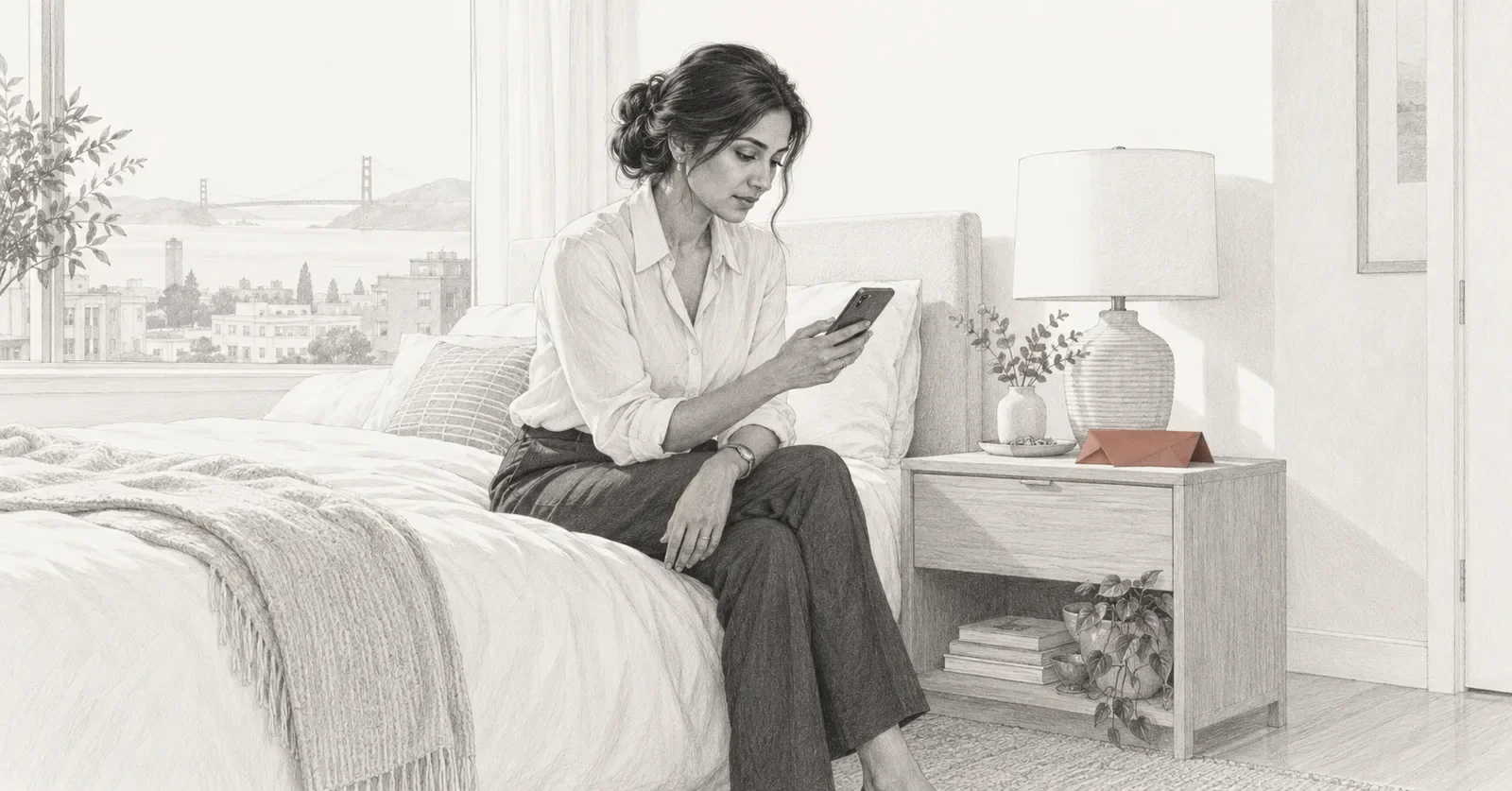Pencil illustration of a woman sitting on the edge of her bed early in the morning, looking at her phone, with an unopened hotel confirmation on the nightstand.