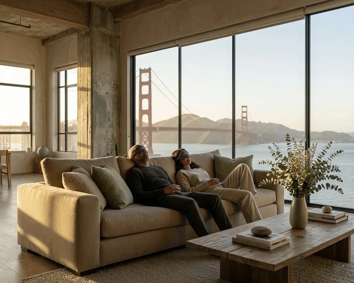 A couple rests with meditation masks on a sofa in a modern industrial loft overlooking the Golden Gate Bridge in San Francisco, under the heading ‘MYCELIA THERAPY’ with the tagline ‘KETAMINE ASSISTED THERAPY’.