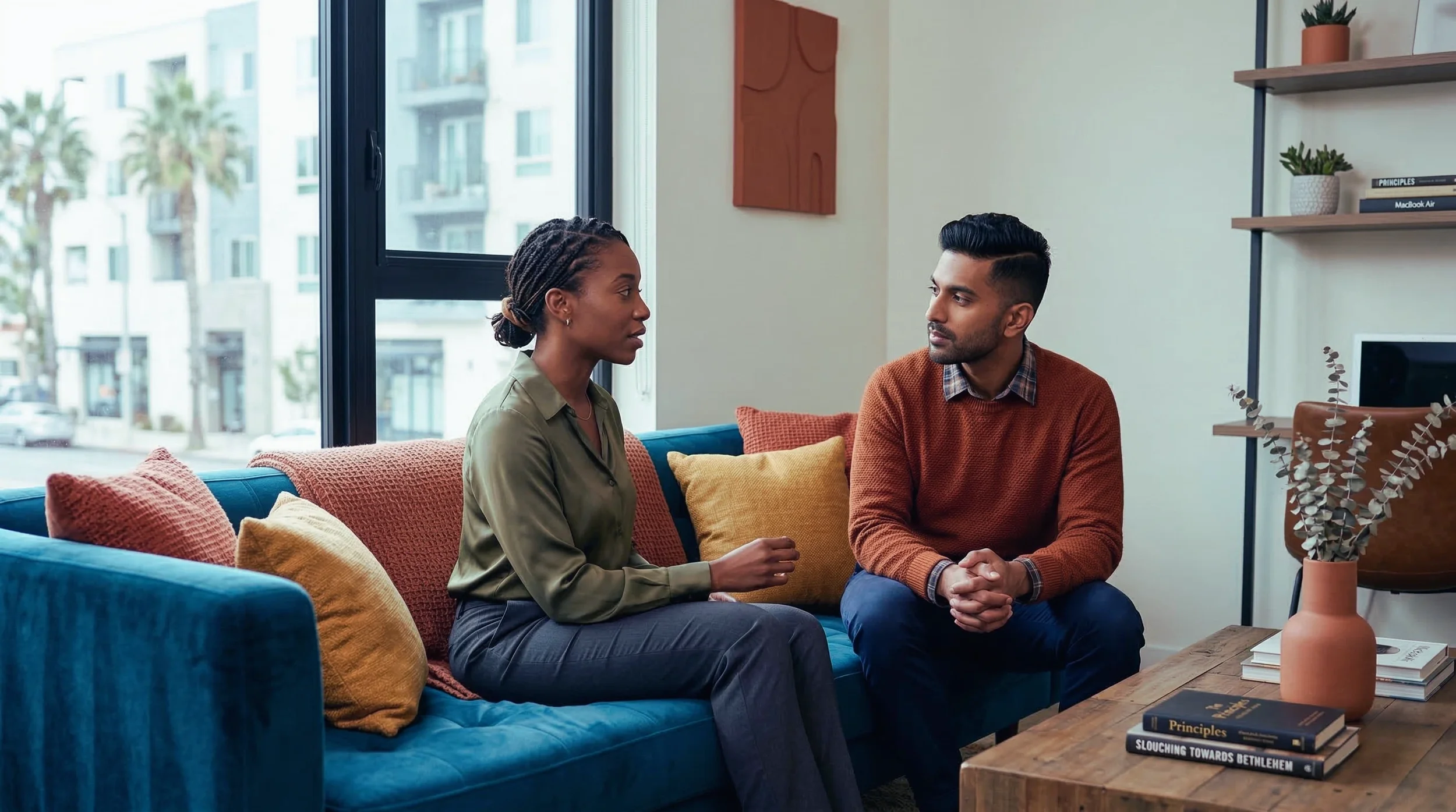 A diverse professional couple sitting on a teal sofa in California, engaging in a calm discussion to resolve relationship conflict.