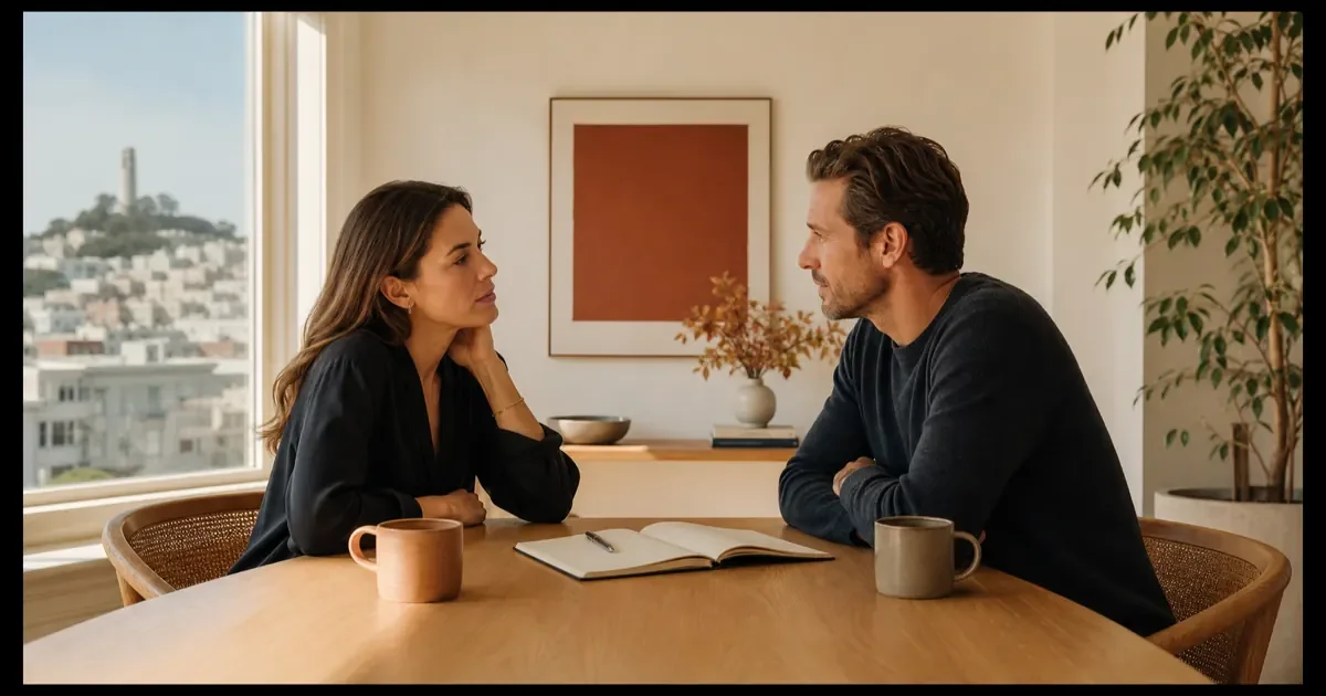 A professional couple sits across from each other with their work devices set aside while considering a focused investment in their relationship.