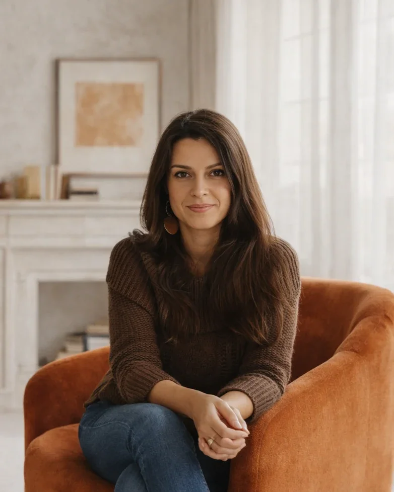 Giulia Davis LMFT woman with long brown hair sitting on an orange armchair in a cozy living room with a fireplace and abstract artwork in the background.