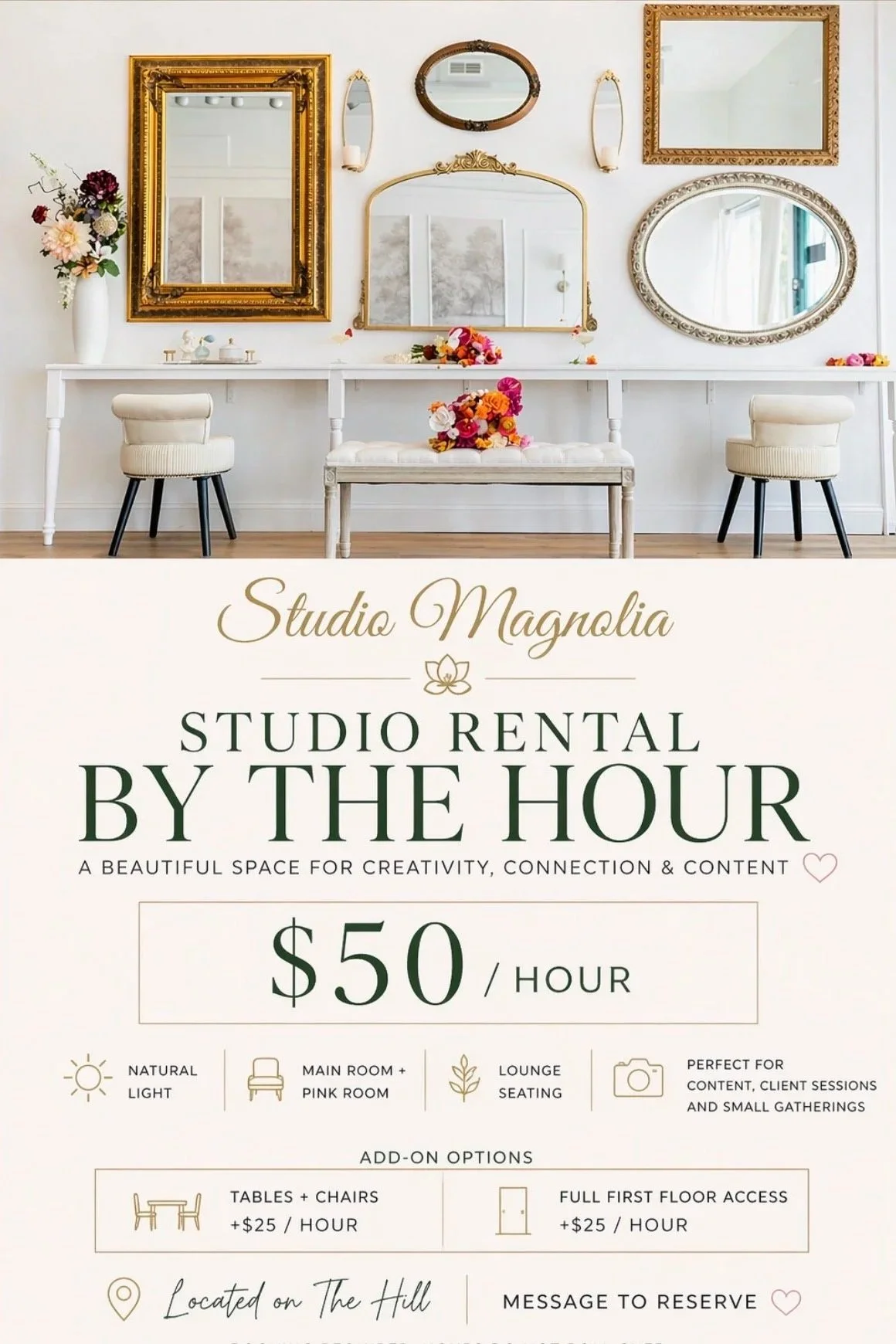 Info poster for Studio Magnolia Photography Rental Packages with three images of women. Bronze Package from $50/hour, Silver Package from $85/hour, Gold Package from $100/hour, with contact info 314-327-3031 and website www.studiomagnoliastl.com.