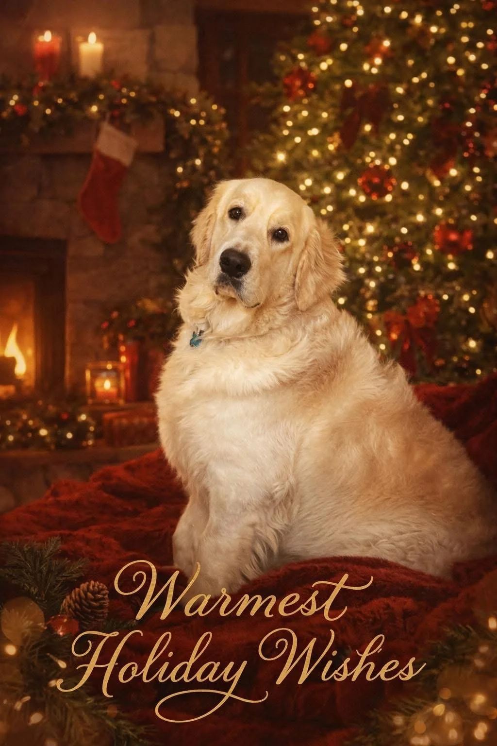 A golden retriever dog sitting on a red blanket in front of a Christmas tree decorated with lights, red ribbons, and ornaments, with a fireplace and stockings in the background, and the text 'Warmest Holiday Wishes' overlayed at the bottom.
