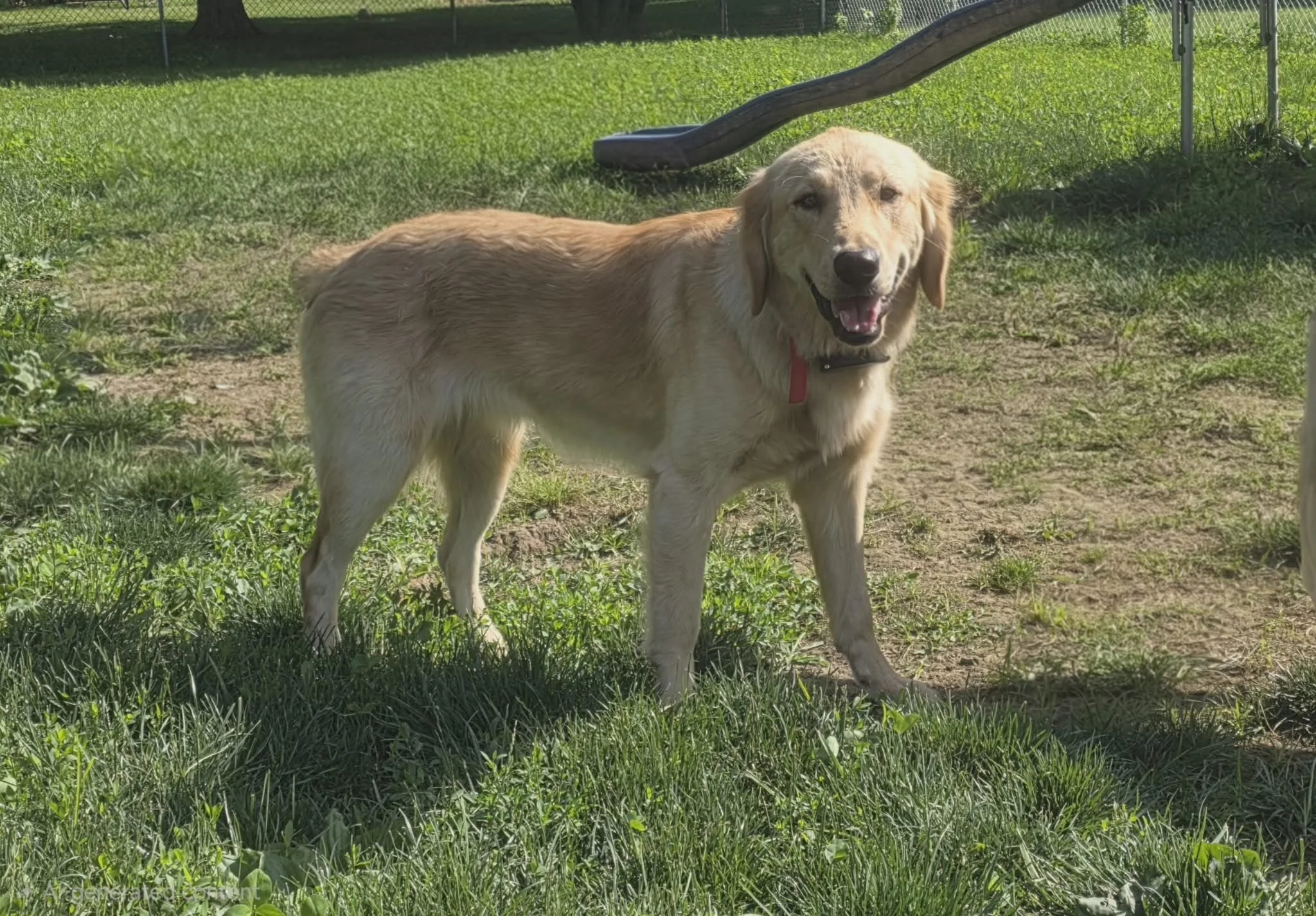 A happy golden retriever dog standing on grass in a backyard, smiling with its tongue out, near a slide and a fence.