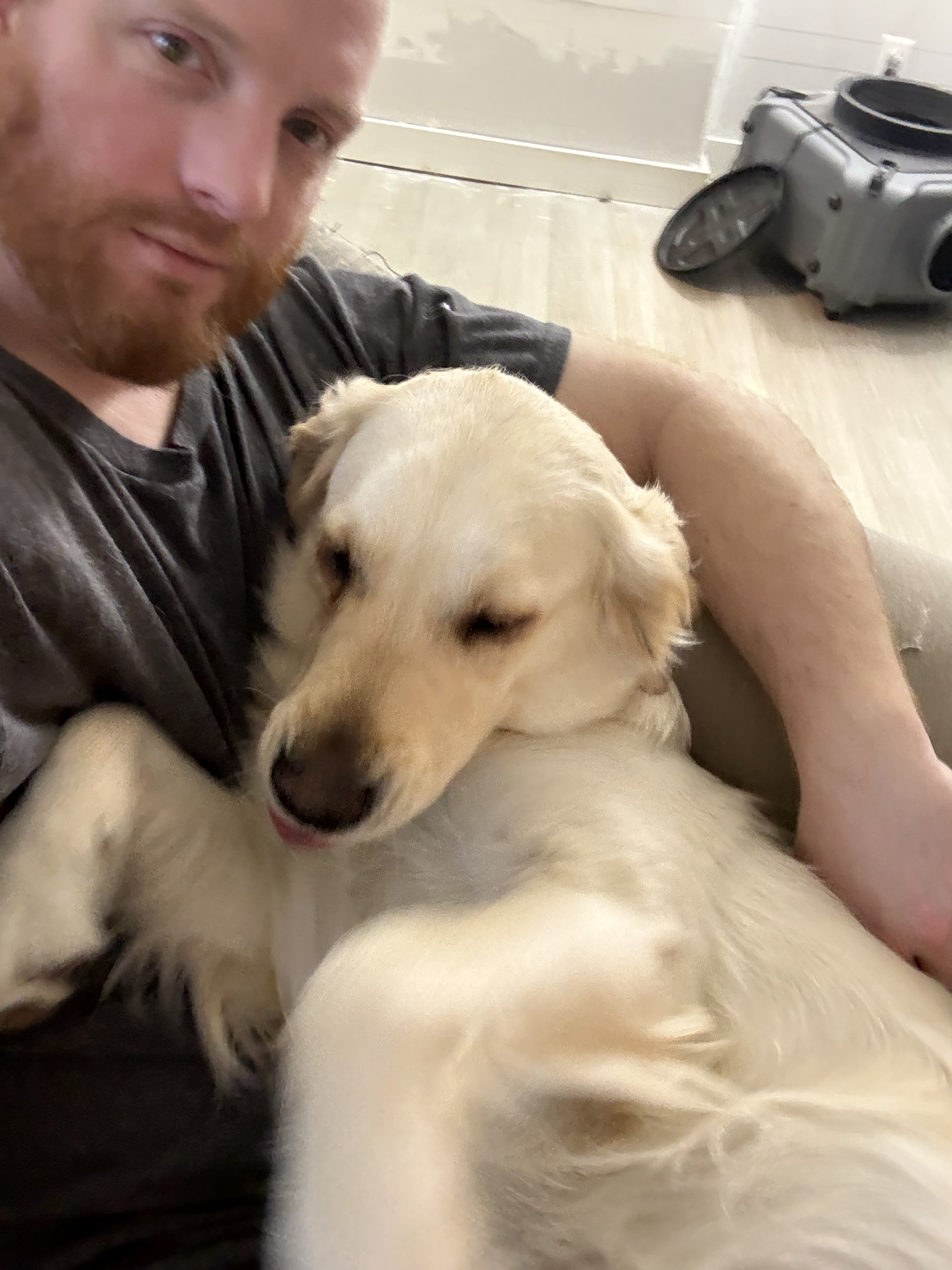 A man with a beard and wearing a dark shirt cuddles a sleeping golden retriever puppy on his lap indoors.