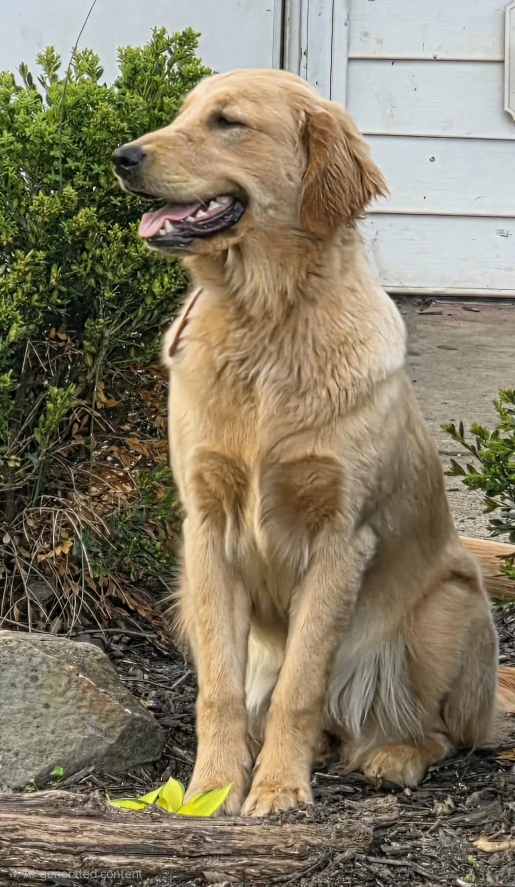 A golden retriever dog sitting outdoors near green bushes and wooden fencing.