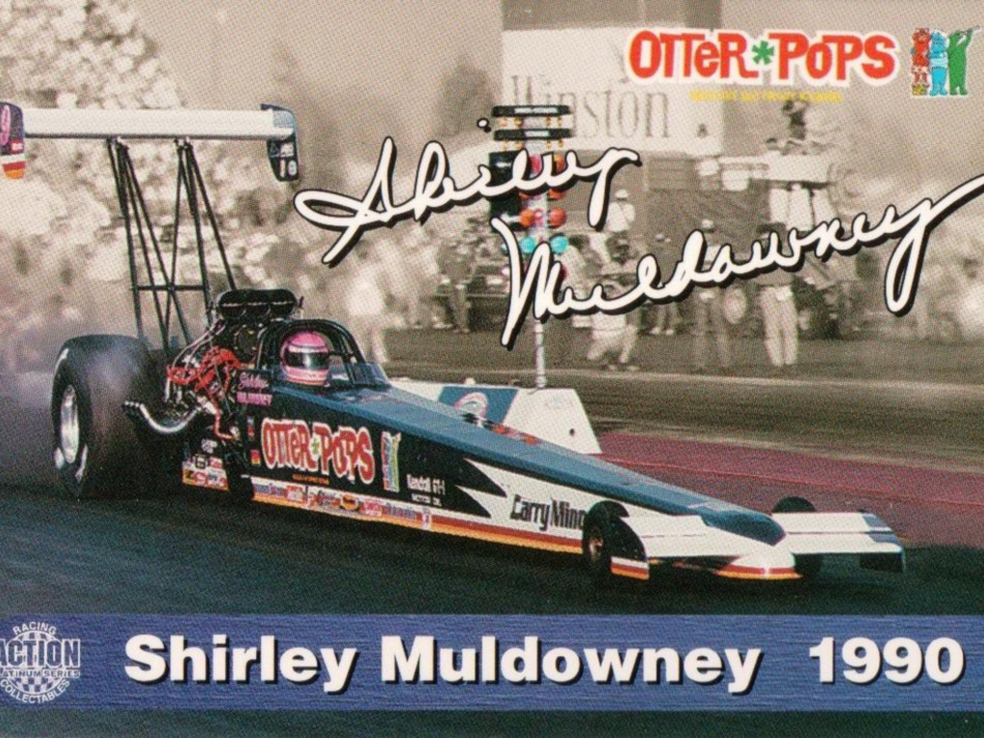 1990 postcard featuring Shirley racing