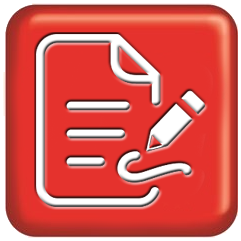 Red icon of a clipboard with a sheet of paper, pencil, representing various writing and editing services.