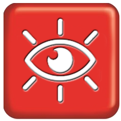 Red icon with a white eye symbolizing visioning and a future outlook.