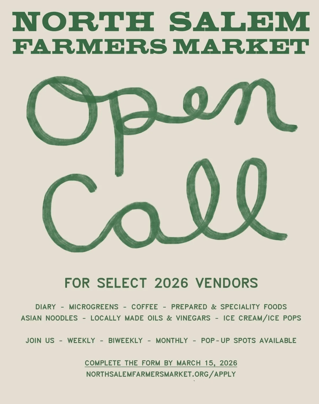 Due to an overwhelming number of applications (thank you 🙏), we have just a few carefully curated spaces left for this season at the North Salem Farmers Market.

We are currently seeking:
&bull; Dairy *** (not DIARY ;) &mdash; humans, not bots ***
&
