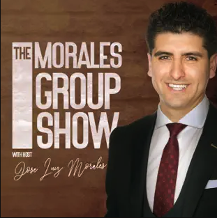The Morales Group Show poster with host standing against a wooden background, wearing a suit and red tie, text includes "The Morales Group Show" and "with host Jose Juy Morales."