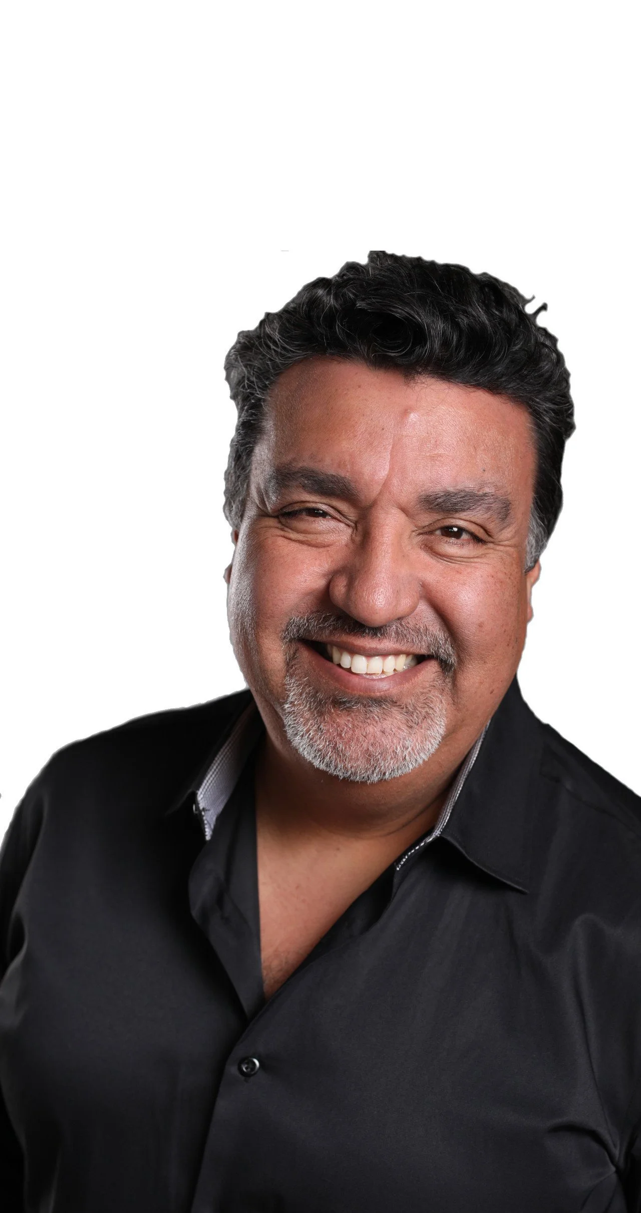 Smiling man in black shirt against white background