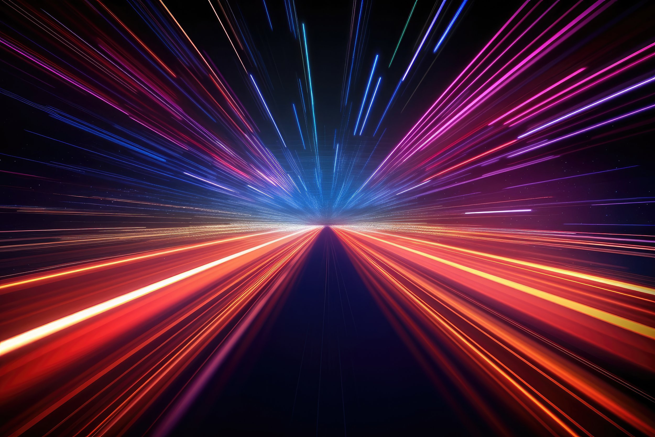 Abstract light streaks, multicolored, on black background, resembling motion or speed effect.