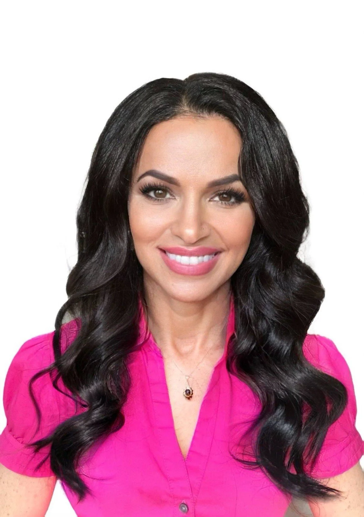 Woman with long black hair in a pink shirt smiling