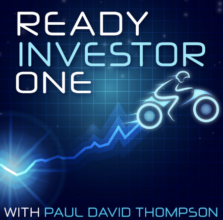 Podcast cover for 'Ready Investor One' with a futuristic design, featuring a stylized motorcycle and graph line.