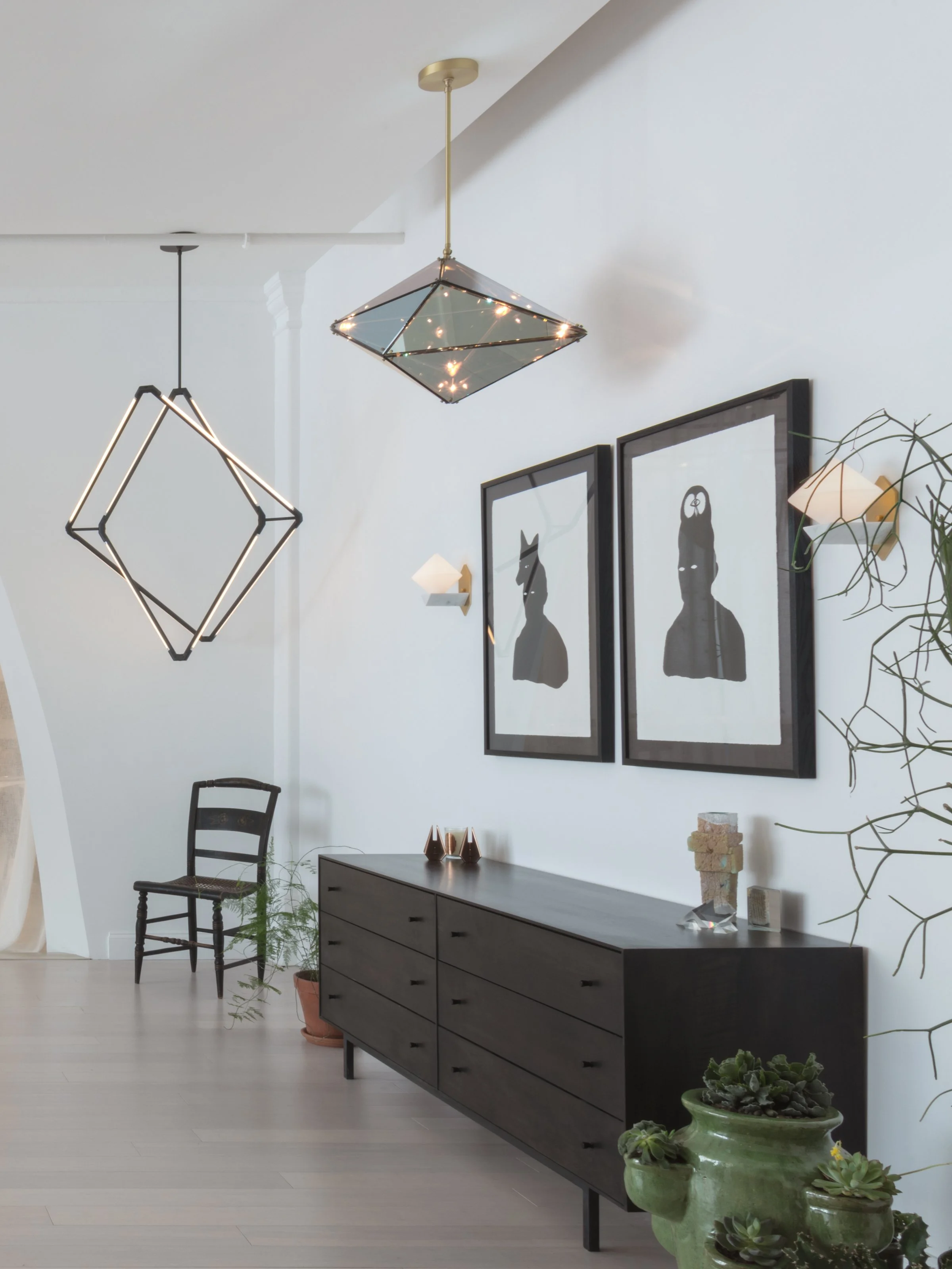 Zelda Orbits Medium in Oil-Rubbed Bronze (shown with Maxhedron and FKA Themis 6 Sconces)