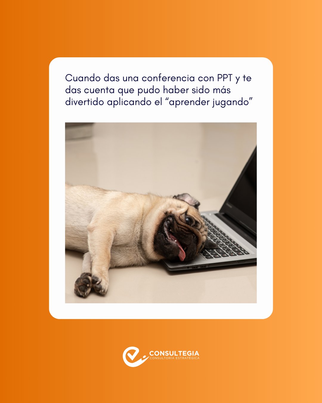 Perro bostezando con una computadora portátil en frente, en un ambiente de oficina o casa. Texto en la imagen menciona que aprender jugando puede ser más divertido que una conferencia con PPT.