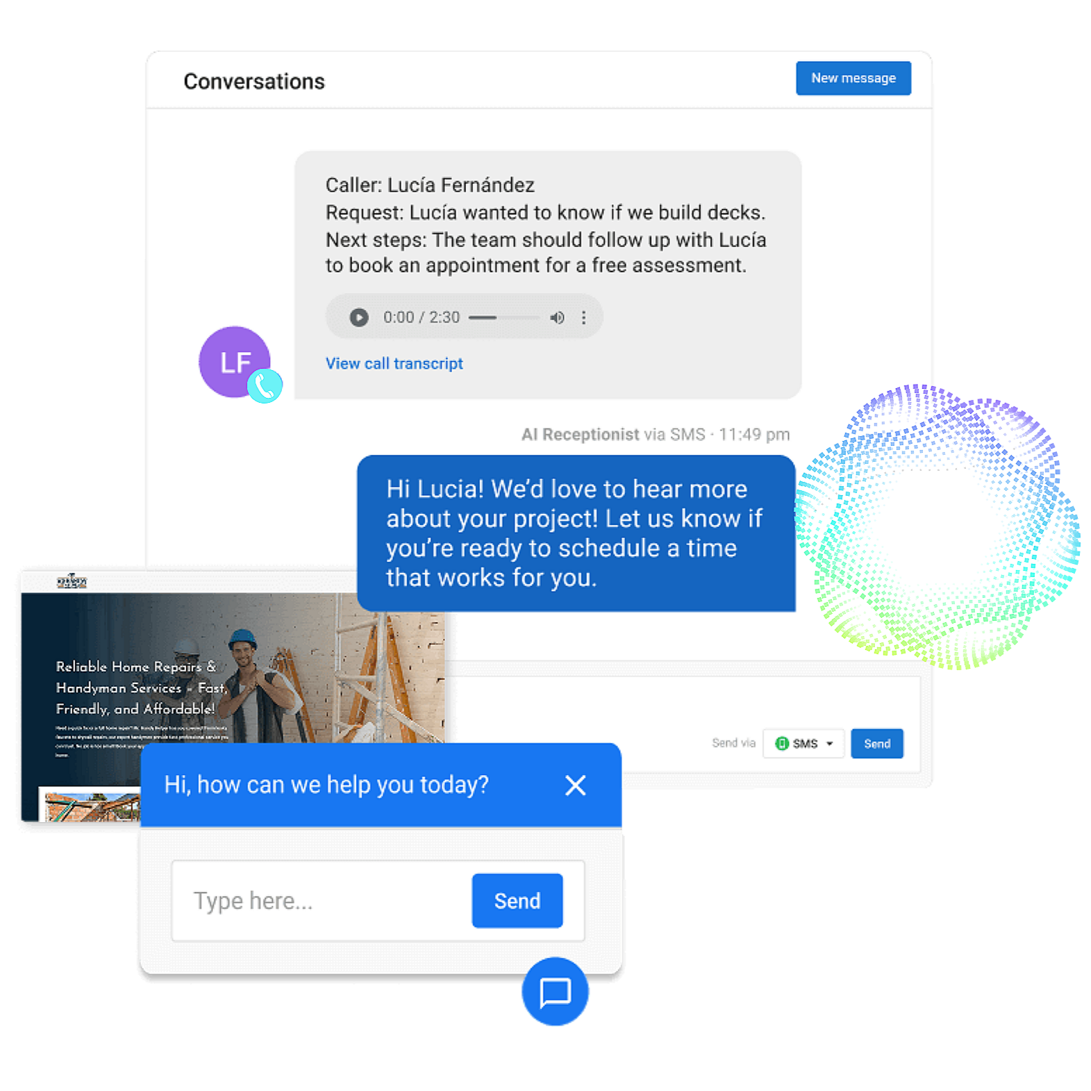 Screenshot of a digital communication platform with multiple chat and call interfaces, including messages from a caller named Lucía Fernández, a response from a receptionist, and a help chat window.