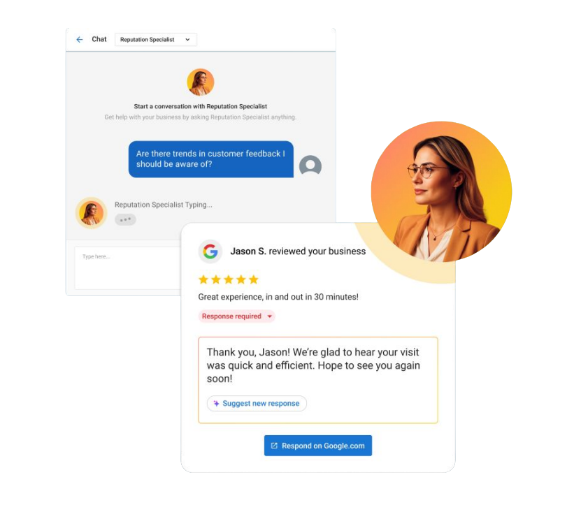 Screenshot of a Google business review page showing a 5-star review and a conversation with a reputation specialist.