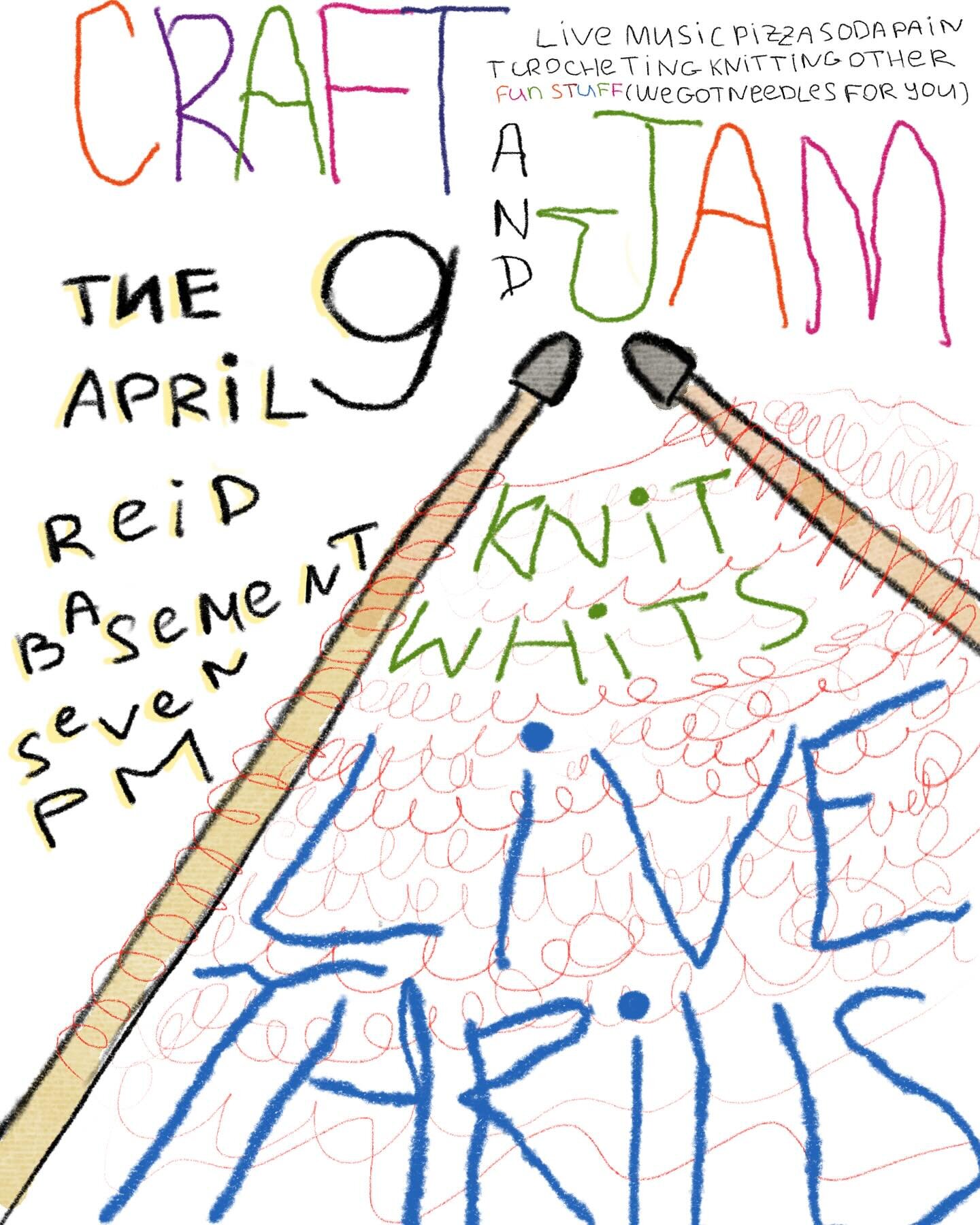THIS IS NOT A JOKE. April 9th 7 pm come to craft (we got surprises for u) and listen to @livethrills 🤘🏻
+knit whits(!
🫶🏻🧶 )provides yarn and needles so we can teach u