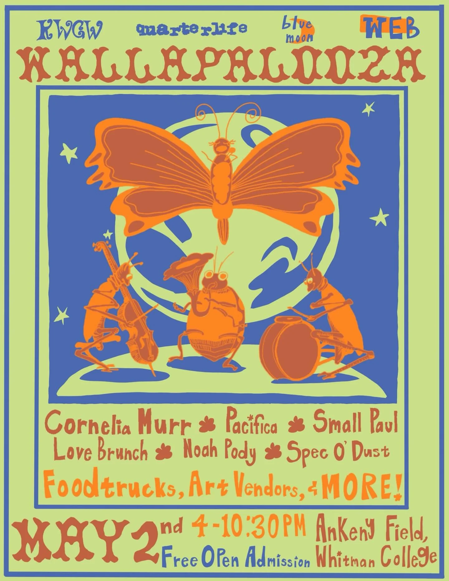 The second annual Wallapalooza Music and Art Festival is May 2nd!!

KWCW, WEB, Blue Moon, and quarterlife have cooked up our best collab yet! Cornelia Murr (London/NYC), Pacifica (Buenos Aires), Small Paul (Seattle), Love Brunch (Walla Walla), Spec o