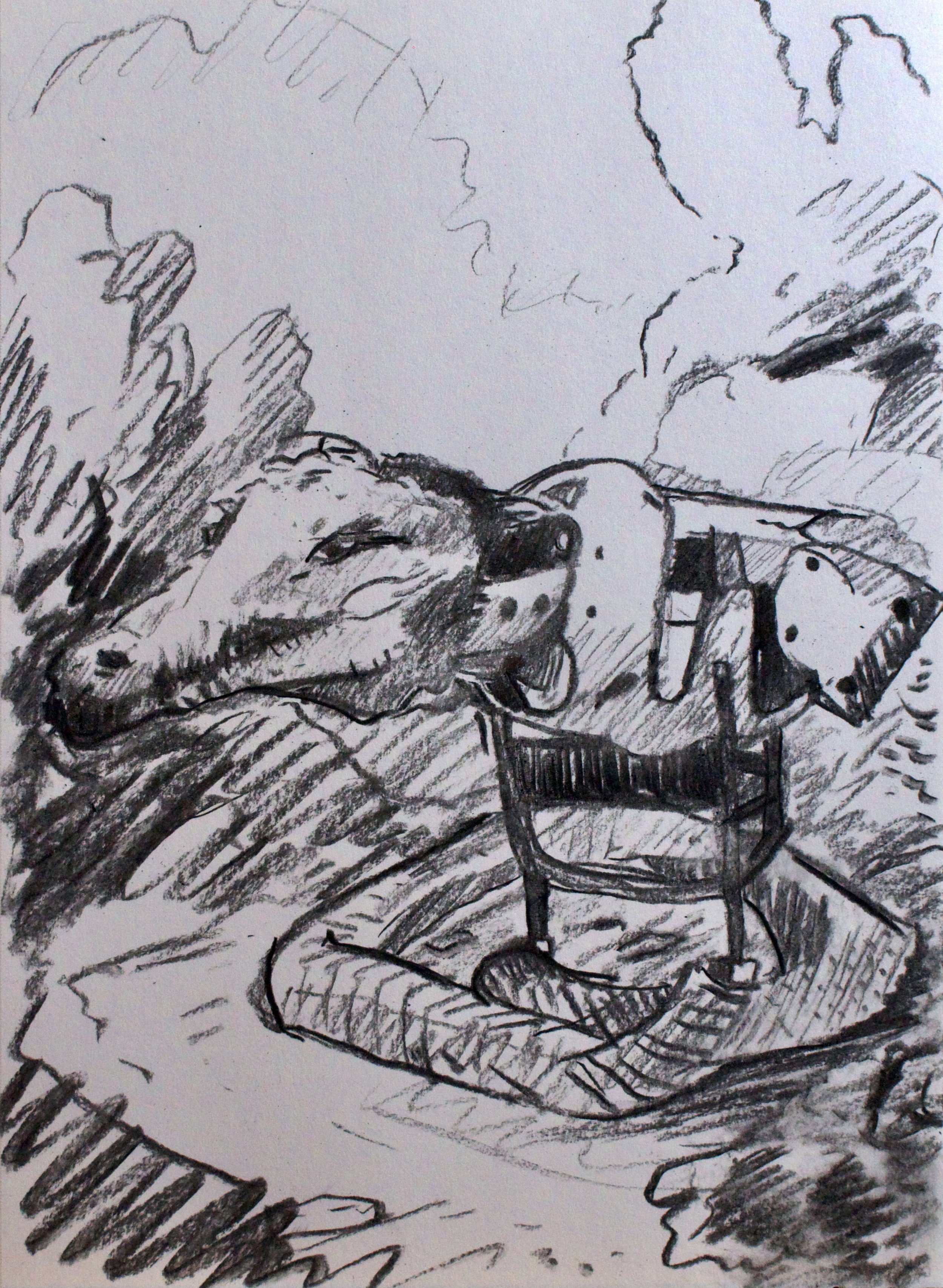 sketch for Bio Hybrid Promethean 2. Sobek. Charcoal on Paper. 21 x 29.7cm. 2023.