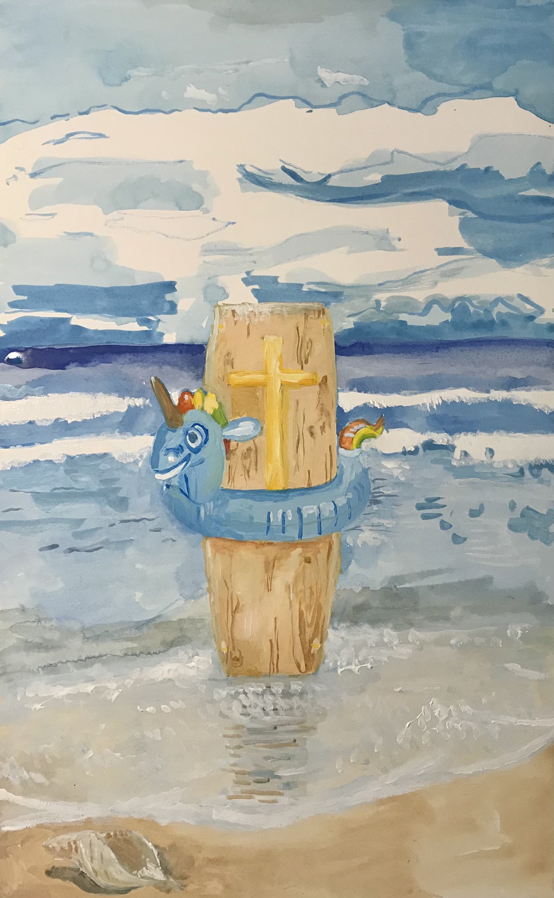 The Afterlife (Magritte in the seychelles on the seashore). Watercolour. 2020.