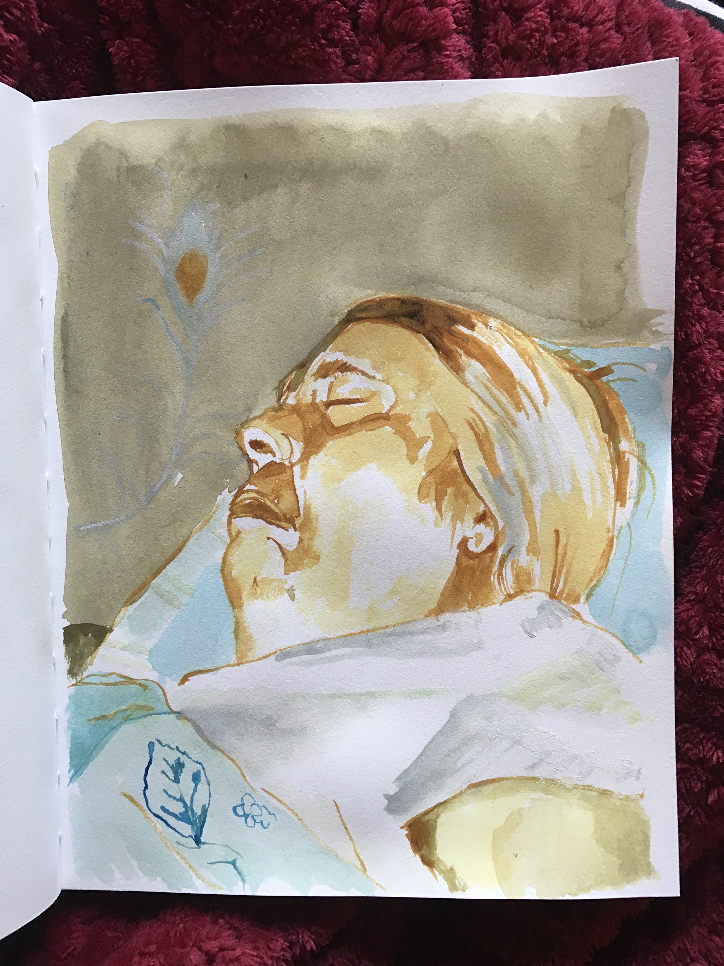 Mum on her deathbed. Watercolour. 2021.