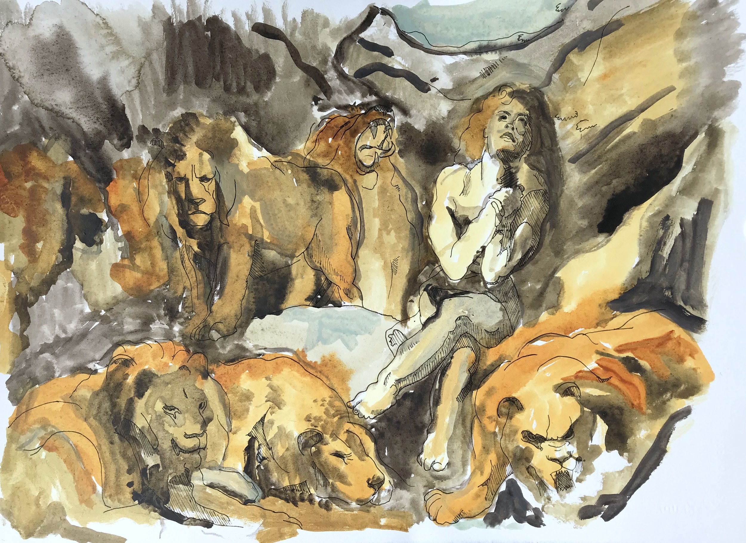 Sketch from Rubens Daniel in the lions den. Watercolour & Ink on paper. 2024