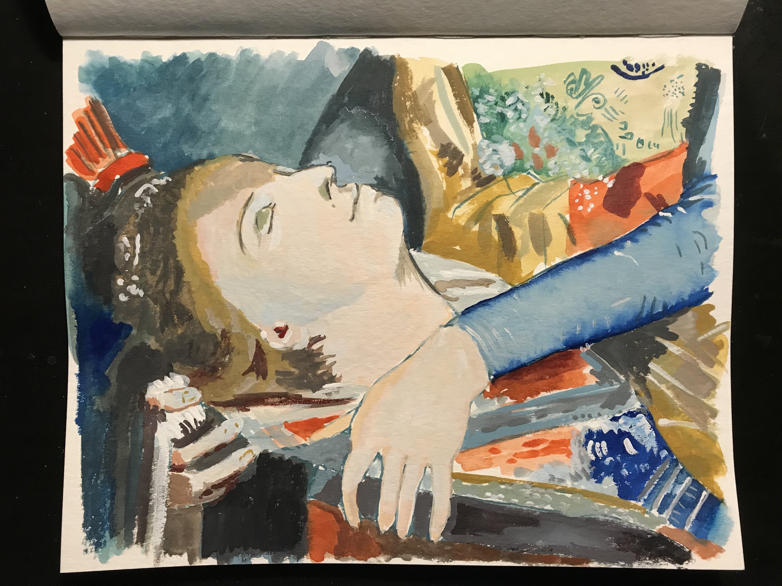 Sketch from Gustave Moreau's Thracian girl carrying the head of orpheus on his lyre. Watercolour. 2020.