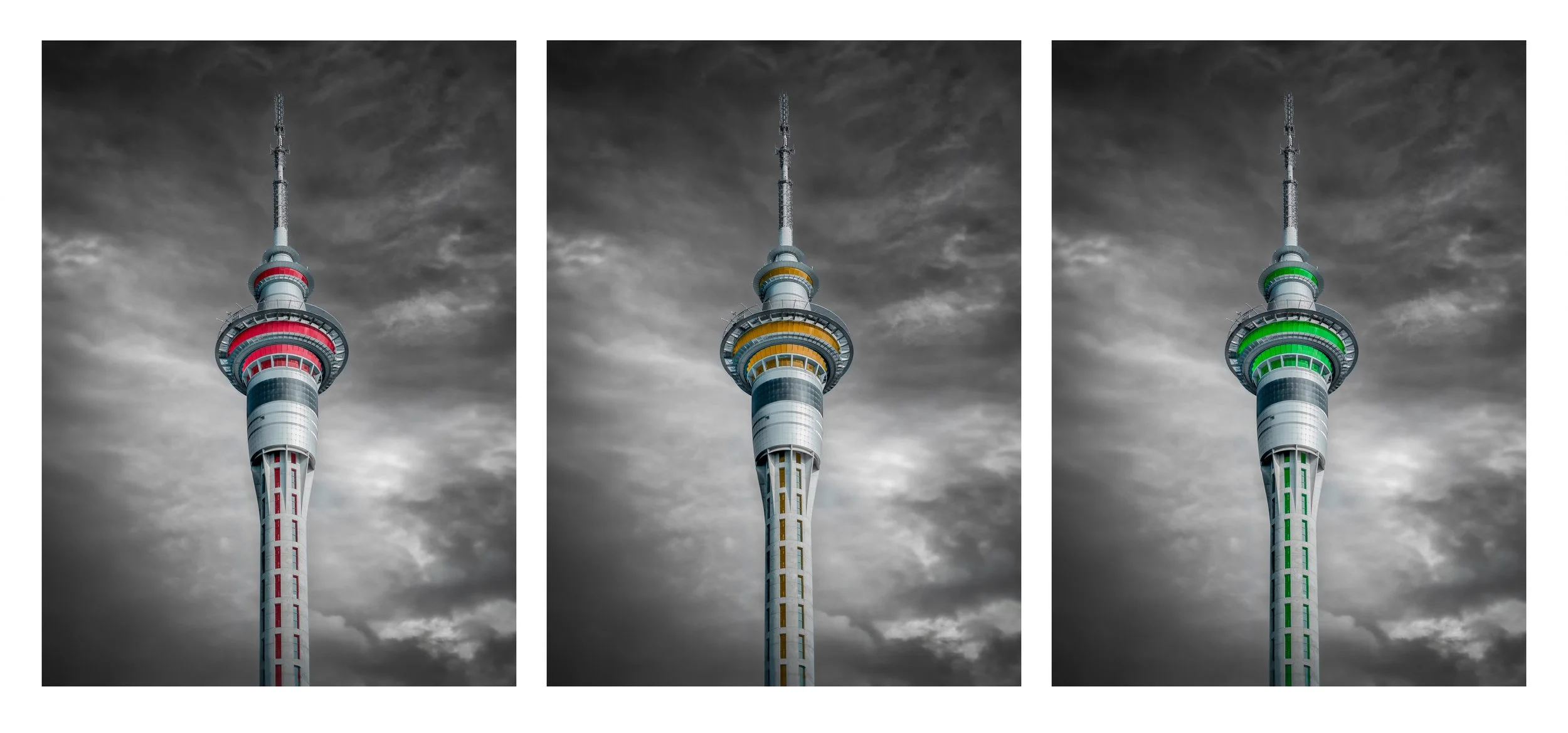Split image of the Sky Tower in Auckland New Zealand showing three different colour schemes: red and white on the left, yellow and gray in the middle, and green and white on the right, against a cloudy sky.