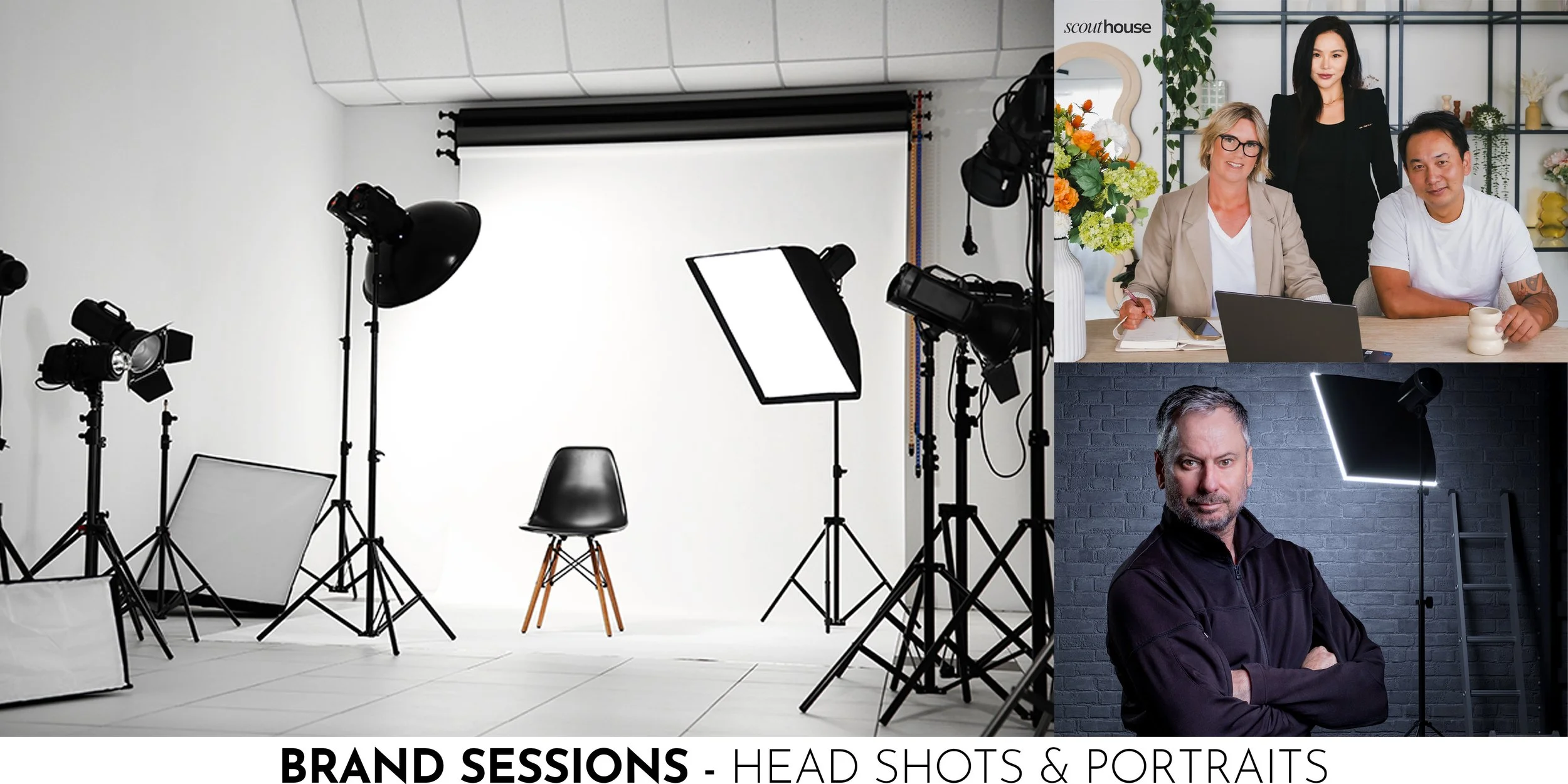Photography studio setup with lighting equipment, white backdrop, alongside professional portraits and headshots of diverse individuals for brand sessions, business head shots for websites and social media.