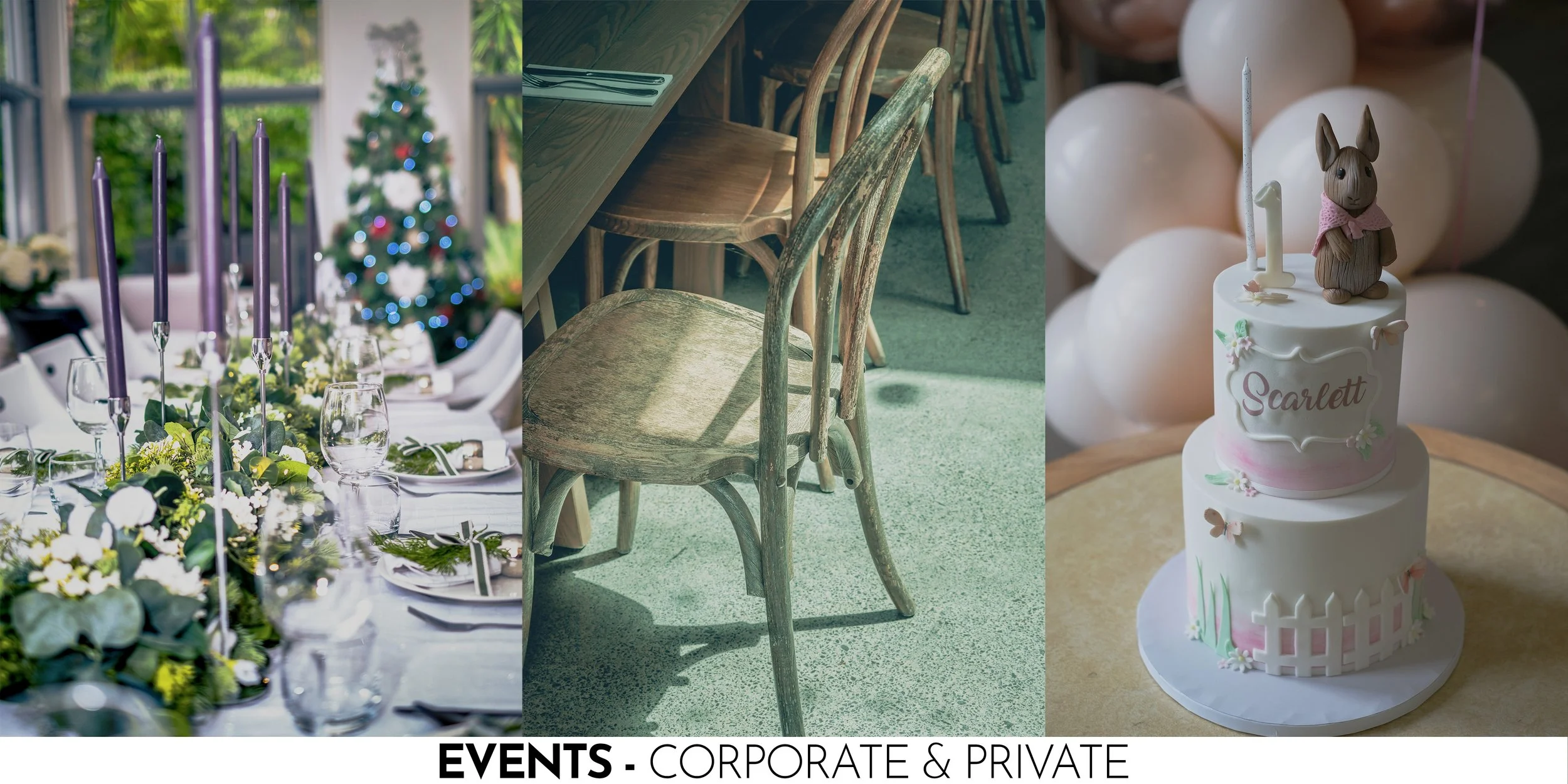 A collage of three images. The first shows a decorated event table with purple candles, glassware, and a Christmas tree in the background. The second shows rustic wooden chairs at a dining table. The third shows a birthday cake with a bunny topper and the name 'Scarlett' written on it.