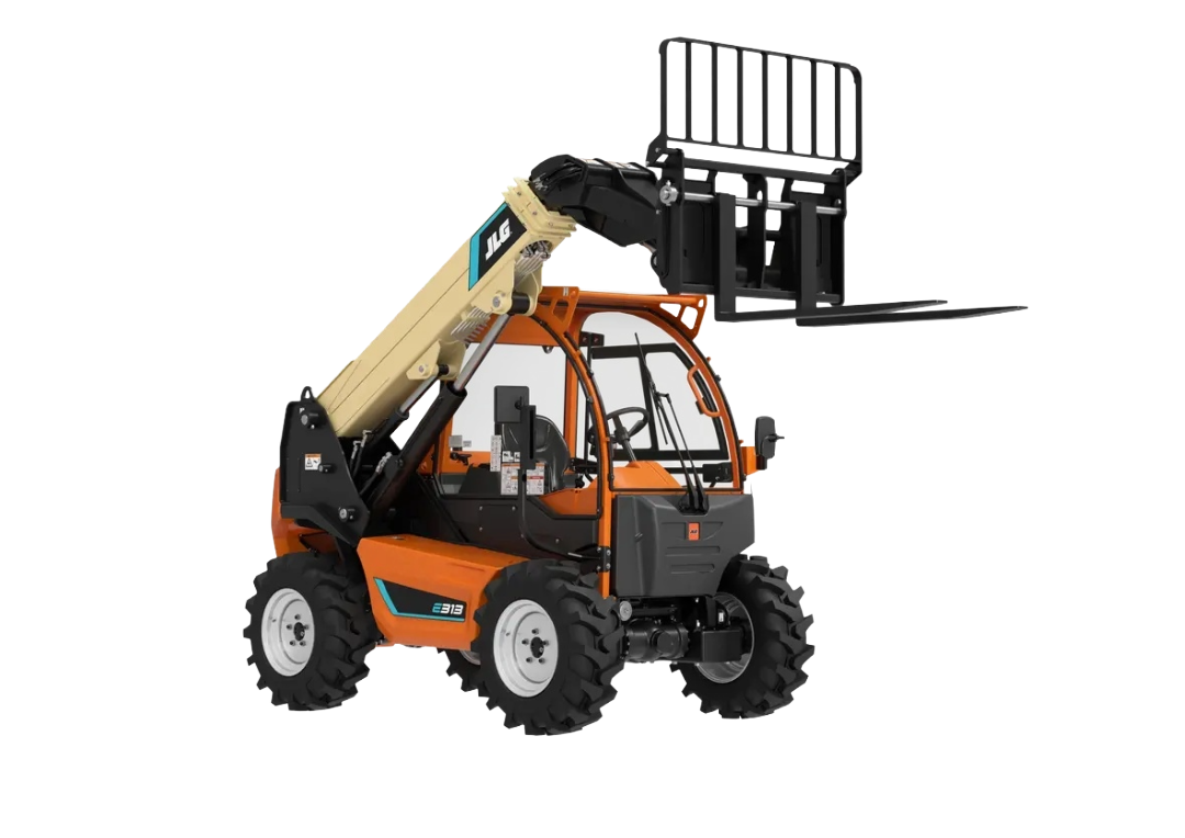 Orange JLG and black telehandler forklift with extended boom and a lifting platform.