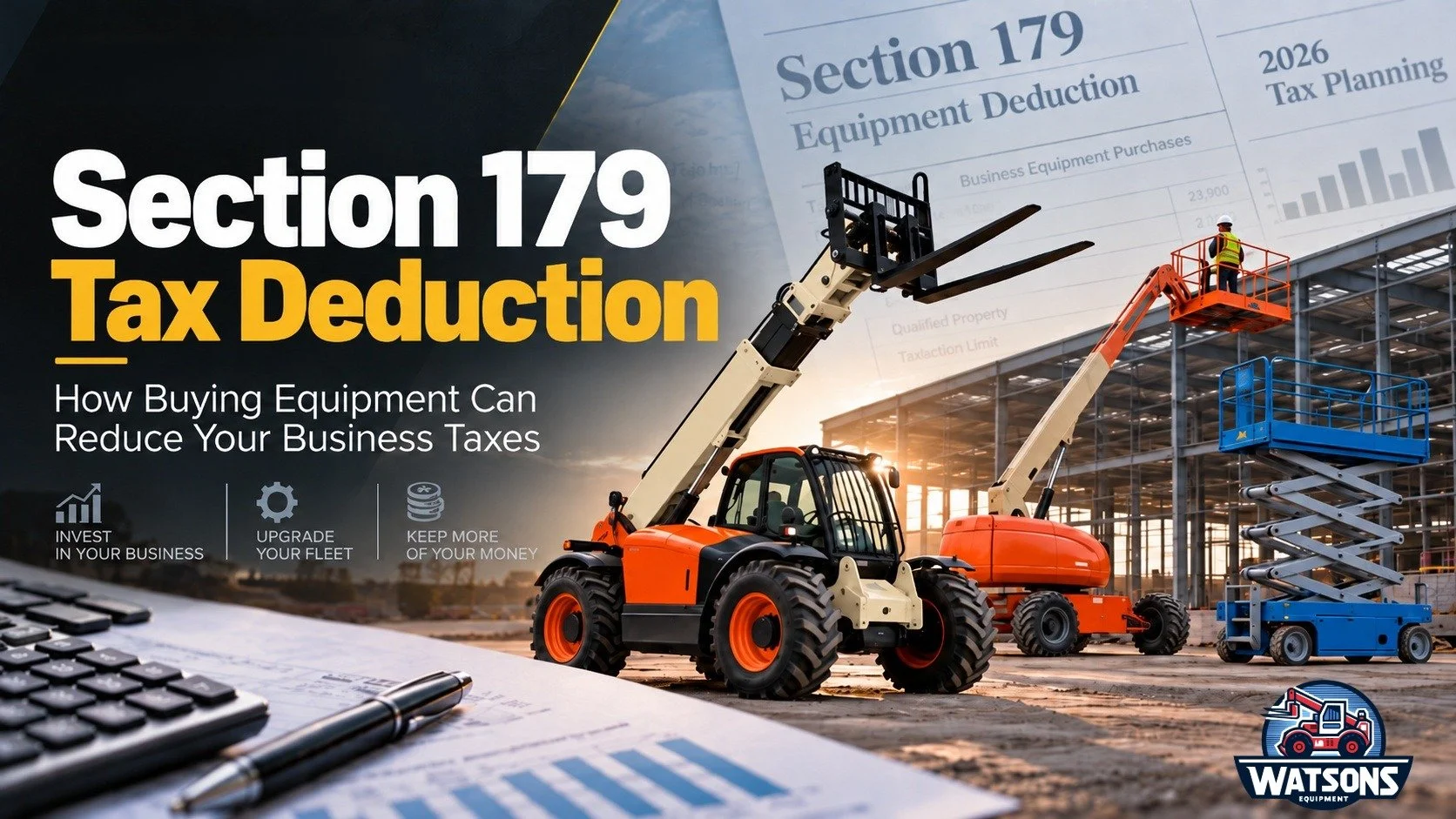 Graphic showing construction machines with the title Section 179 Tax Deduction How Buying Equipment Can Reduce Your Business Taxes.